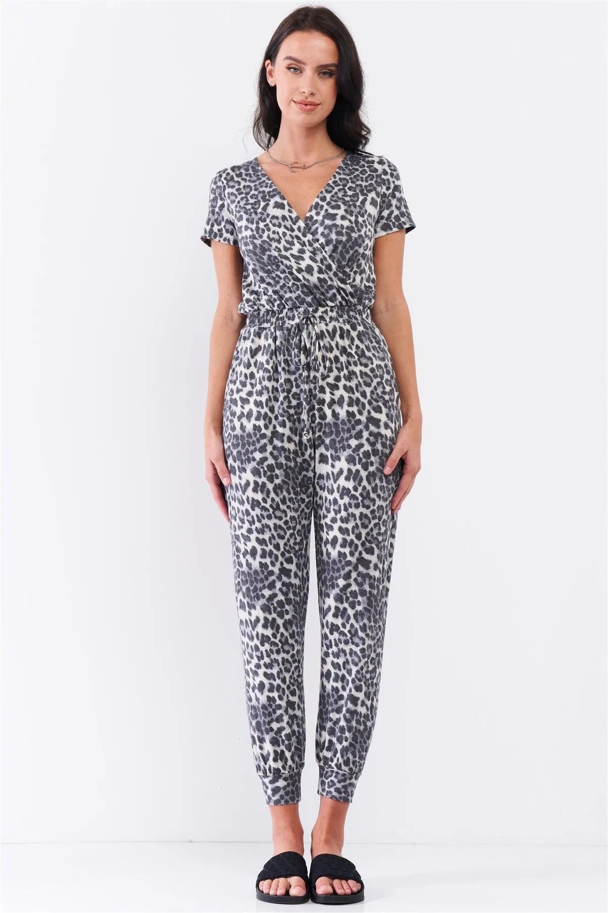 Leopard Print Wrap V-Neck Relaxed Fit Jumpsuit - Tasha Apparel Wholesale