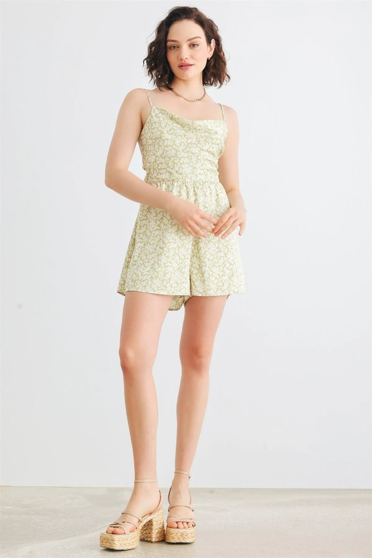 Sage & White Floral Satin Cowl Neck Tie Back Sleeveless Romper /4-2-1 - Tasha Apparel Wholesale