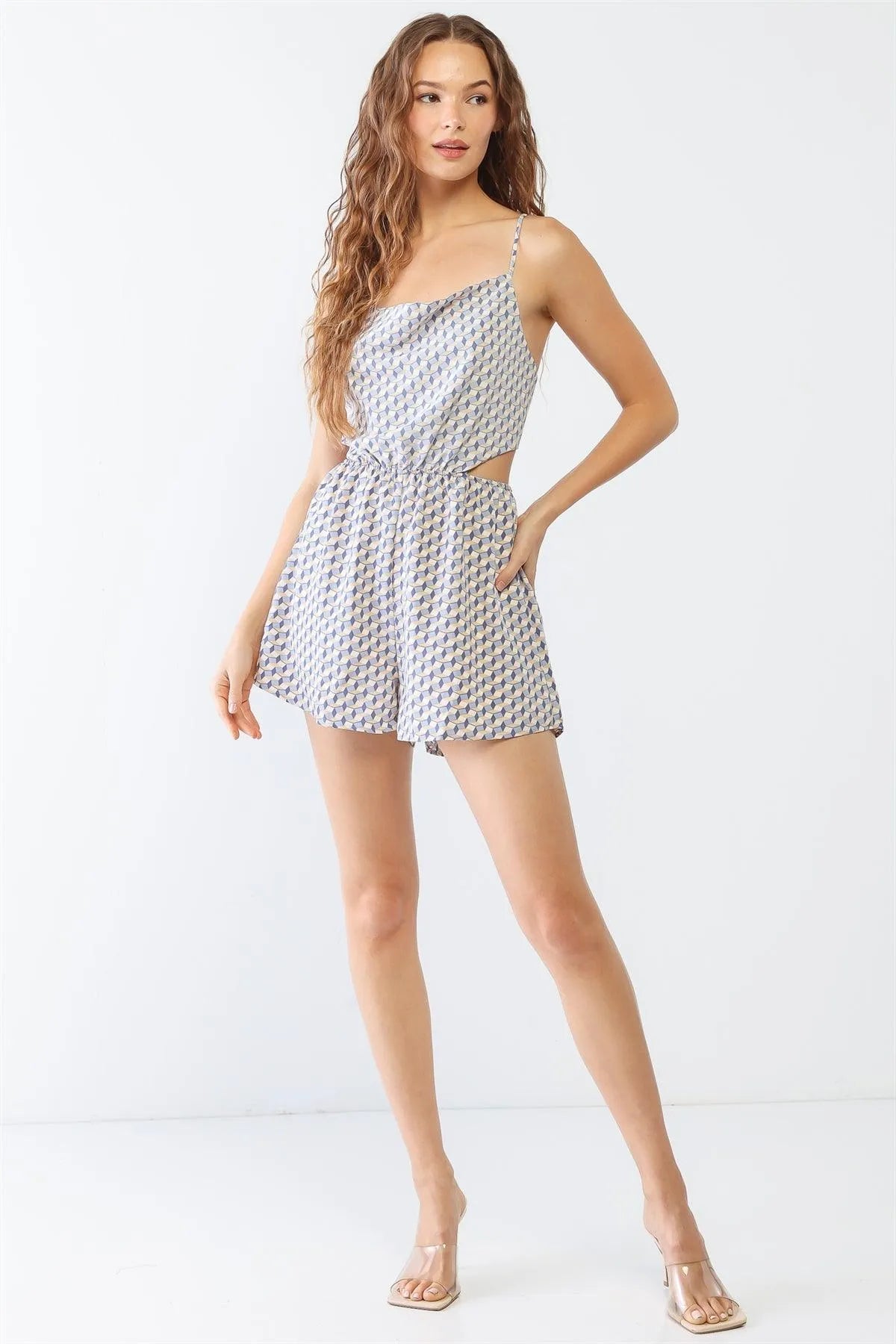 White & Blue Geo Print Strappy Criss-Cross Back Romper /3-2-1 - Tasha Apparel Wholesale