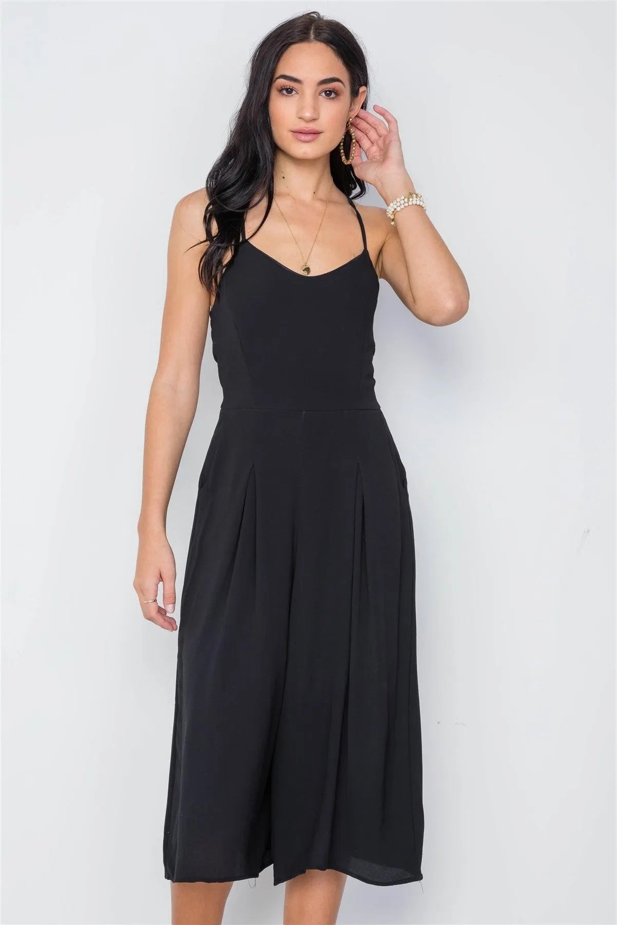 Black Cami Wide Leg Capri Jumpsuit / 2-2-2 - Tasha Apparel Wholesale