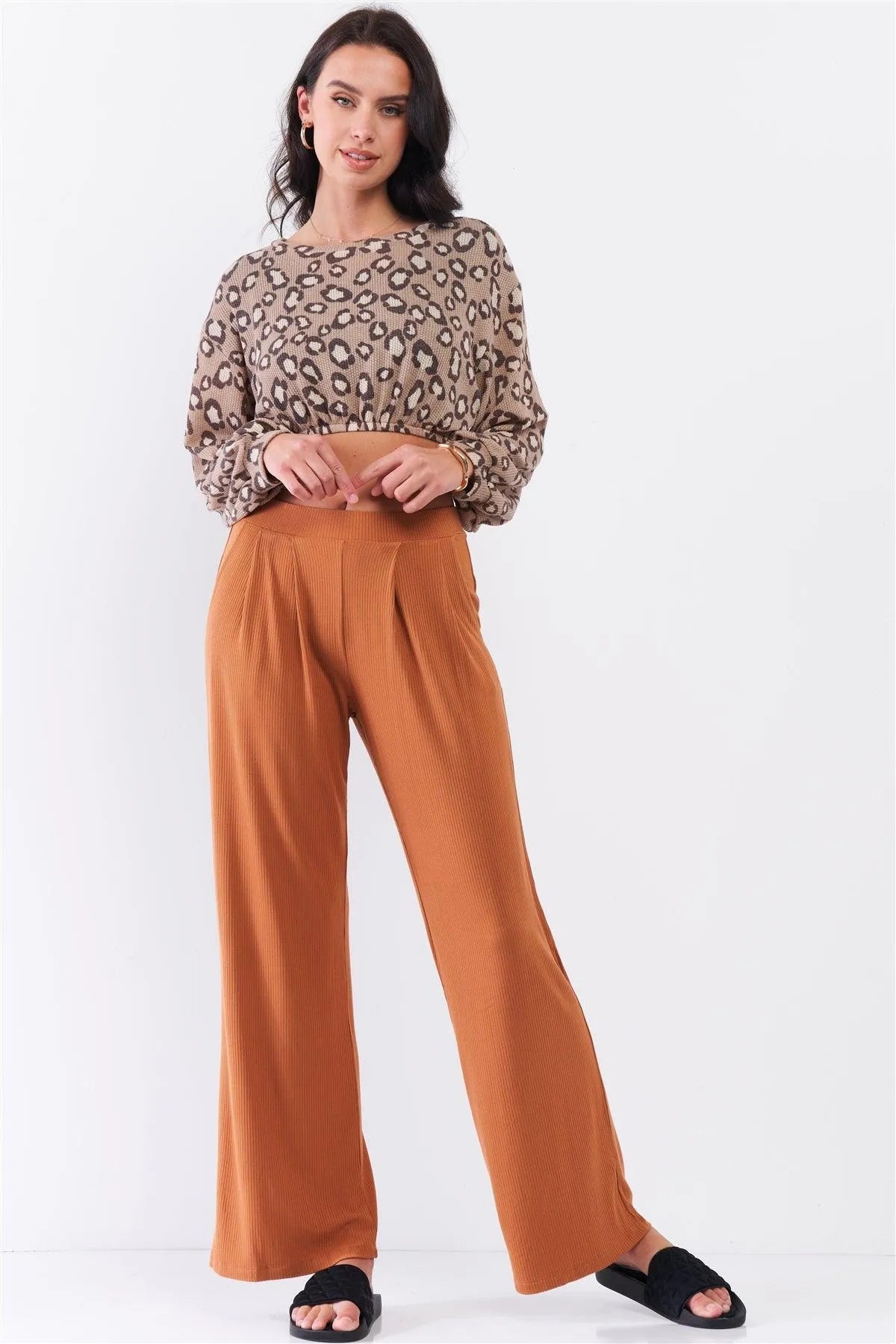 Honey Gold Ribbed Mid-Rise Wide Leg Pants /3-2-1 - Tasha Apparel Wholesale