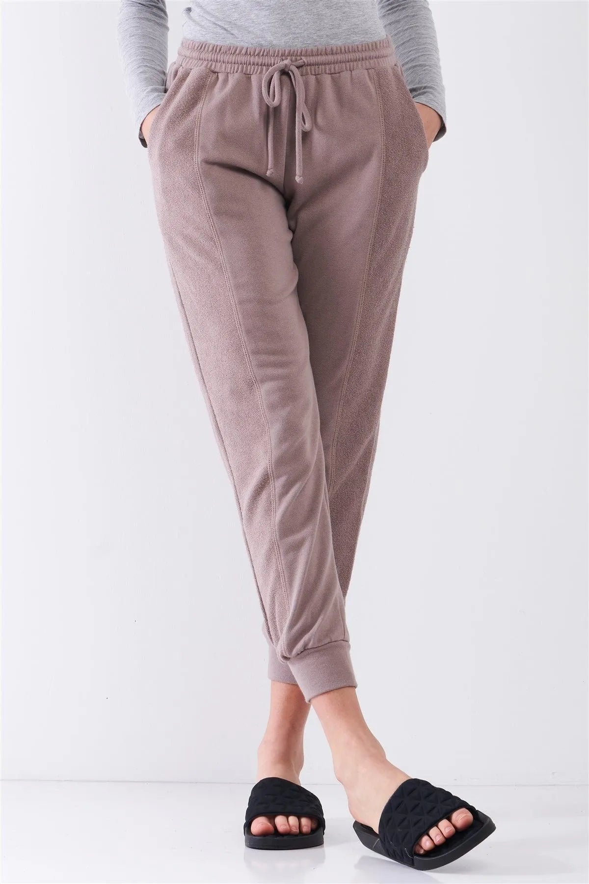 Mocha Brown Brushed Inside-Out Sides Trim Mid-Rise Relaxed Jogger Sweatpants /4-2 - Tasha Apparel Wholesale