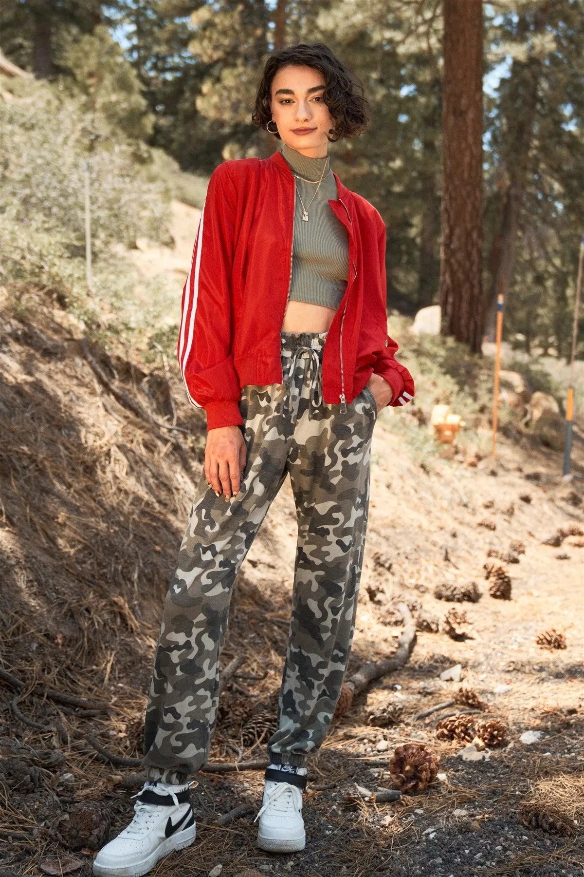 Olive Camo Print Self-Tie Ruffle High Waist Jogger Pants /3-2-1 - Tasha Apparel Wholesale