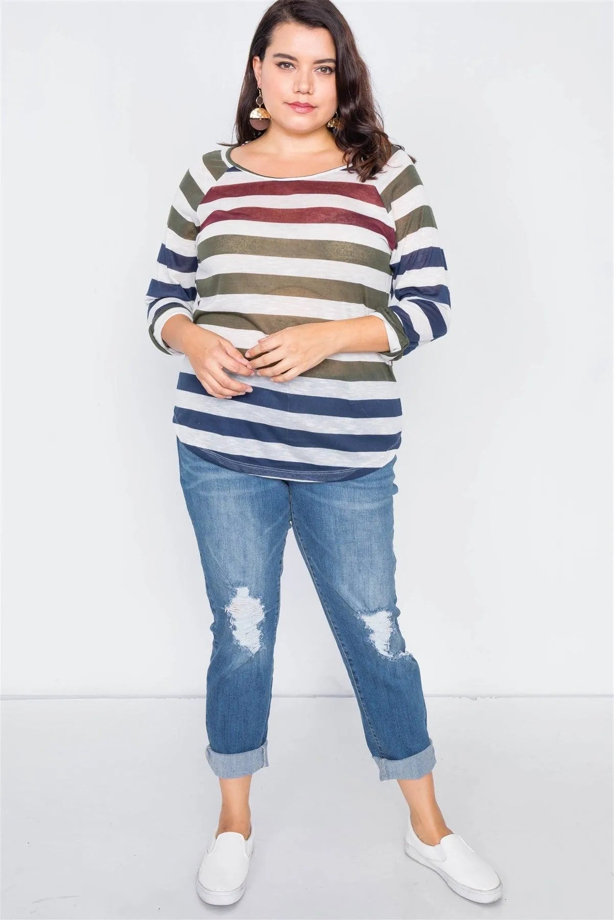 Junior Plus Size Semi Sheer Burgundy Navy & Green Stripe Round Neck Top /2-2 - Tasha Apparel Wholesale