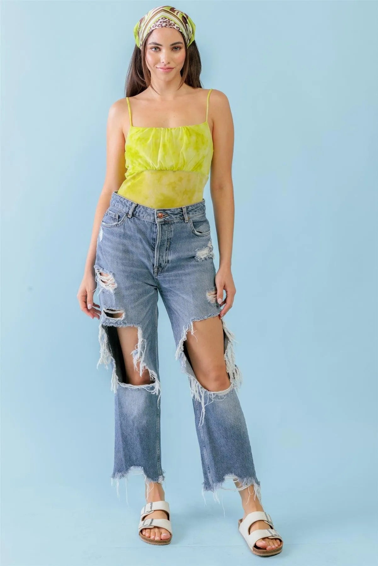 Lime & White Tie-Dye Mesh Sleeveless Strappy Bodysuit /3-2-1 - Tasha Apparel Wholesale