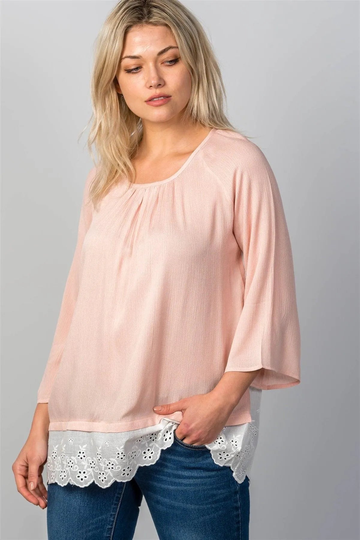 Pink Eyelet Contrast Top /2-2-2 - Tasha Apparel Wholesale