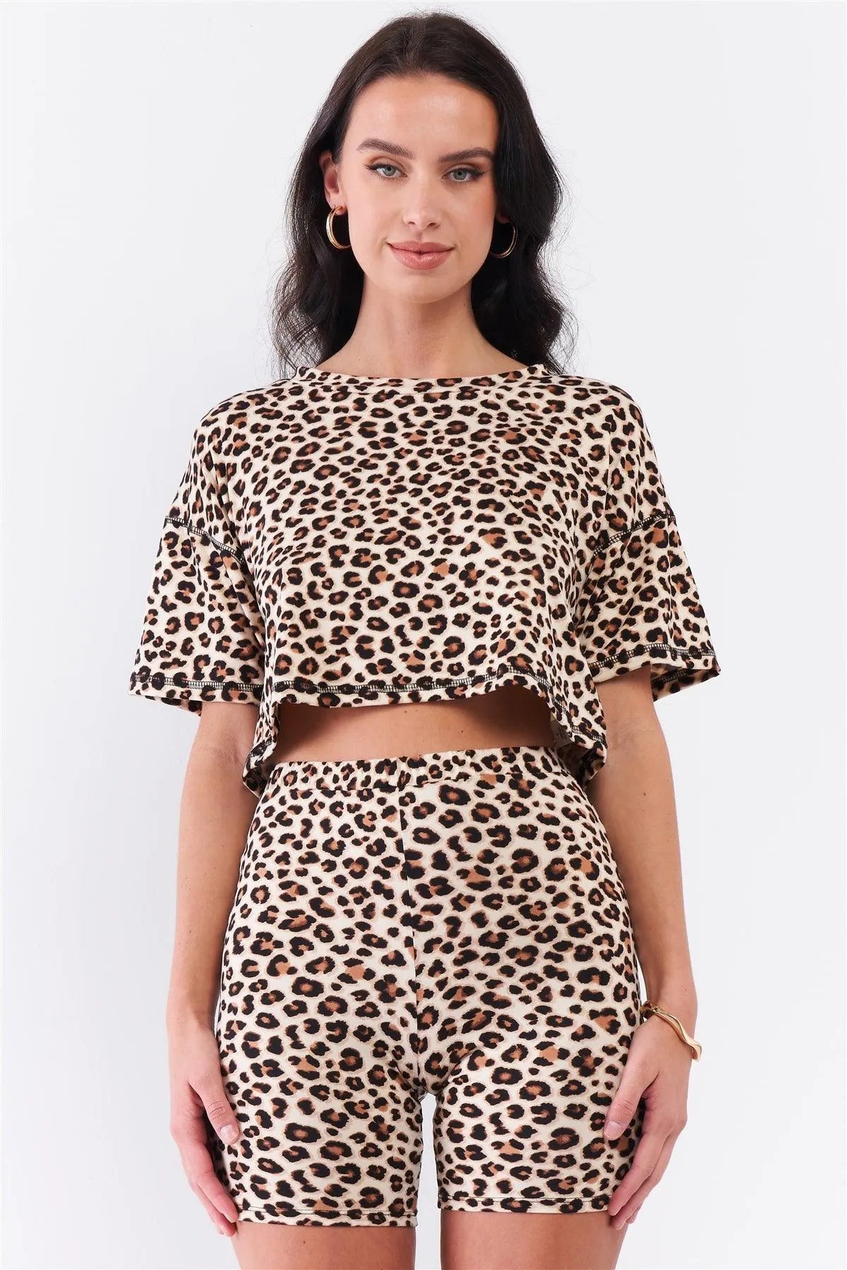 Ivory & Brown Leopard Crew Neck Dropped Shoulder Cropped Top Short Sleeve Print High Waisted Fitted Biker Shorts Set /3-2-1 - Tasha Apparel Wholesale