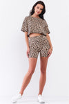 Ivory & Brown Leopard Crew Neck Dropped Shoulder Short Sleeve Cropped Top