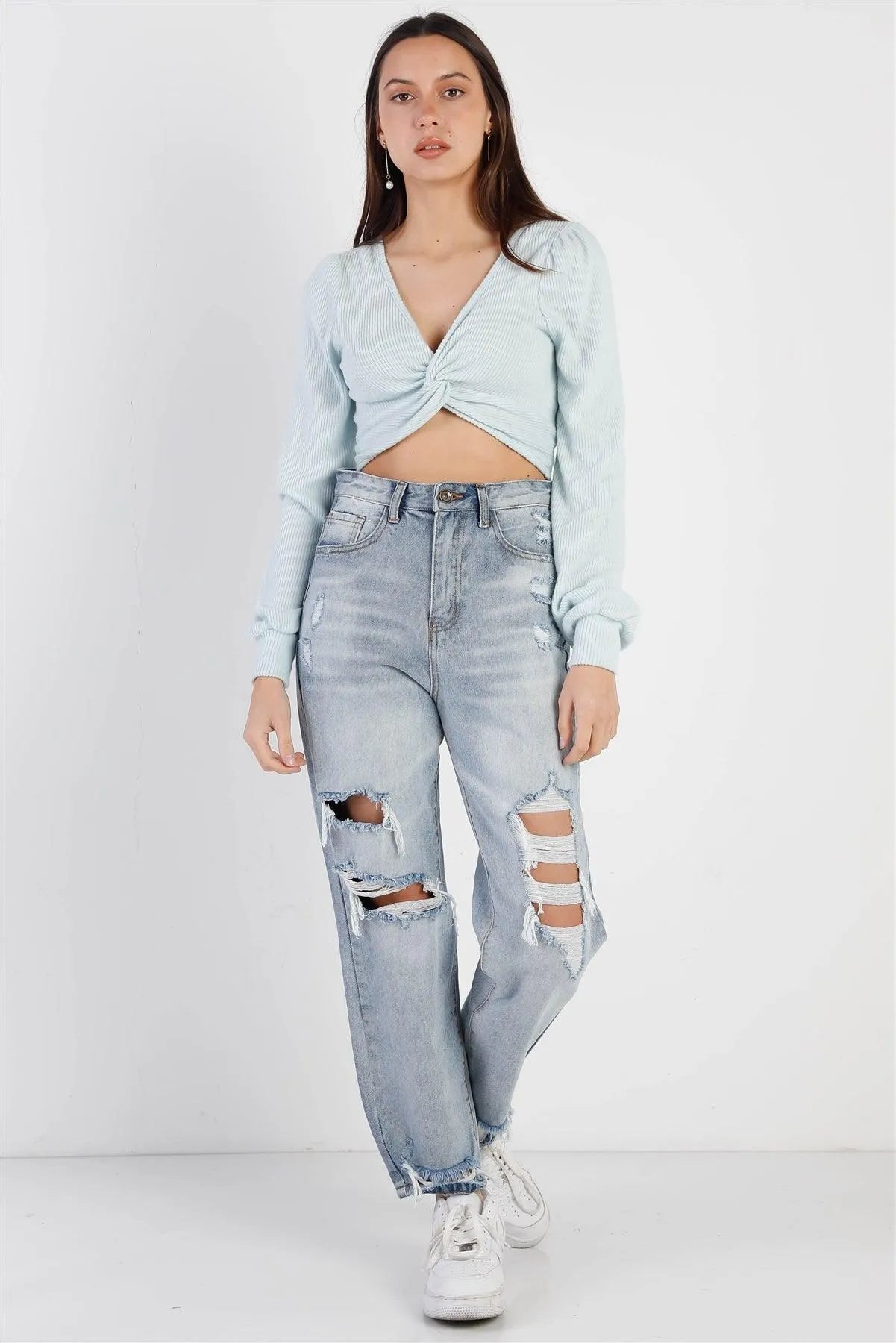 Sky Blue Ribbed Fluffy Front Twisted Detail Crop Top /2-2-1 - Tasha Apparel Wholesale