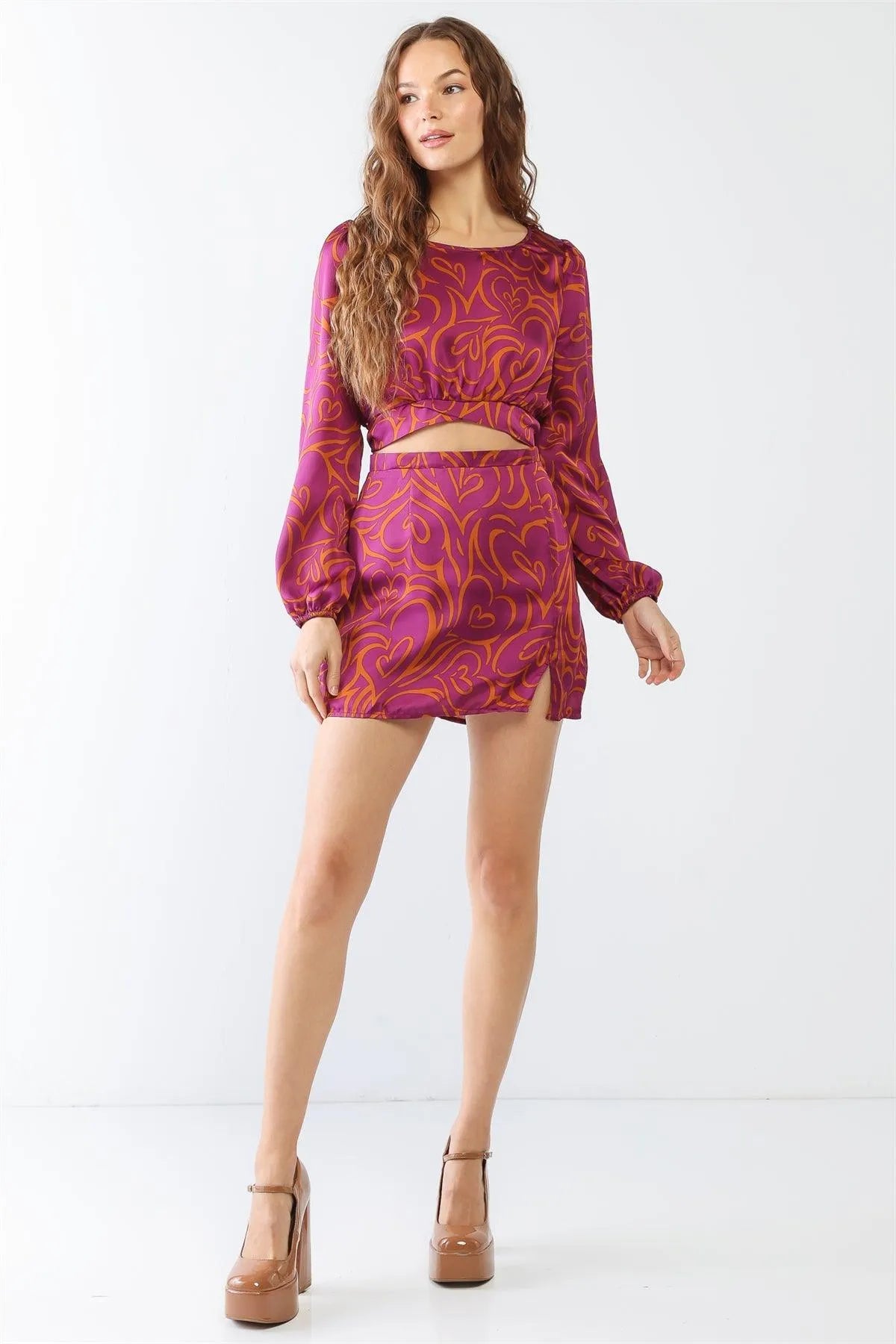 Magenta & Rust Heart Print Satin Peasant Long Sleeve Self-Tie Around Crop Top & High Waist Mini Skirt Set /1-2-2-1 - Tasha Apparel Wholesale