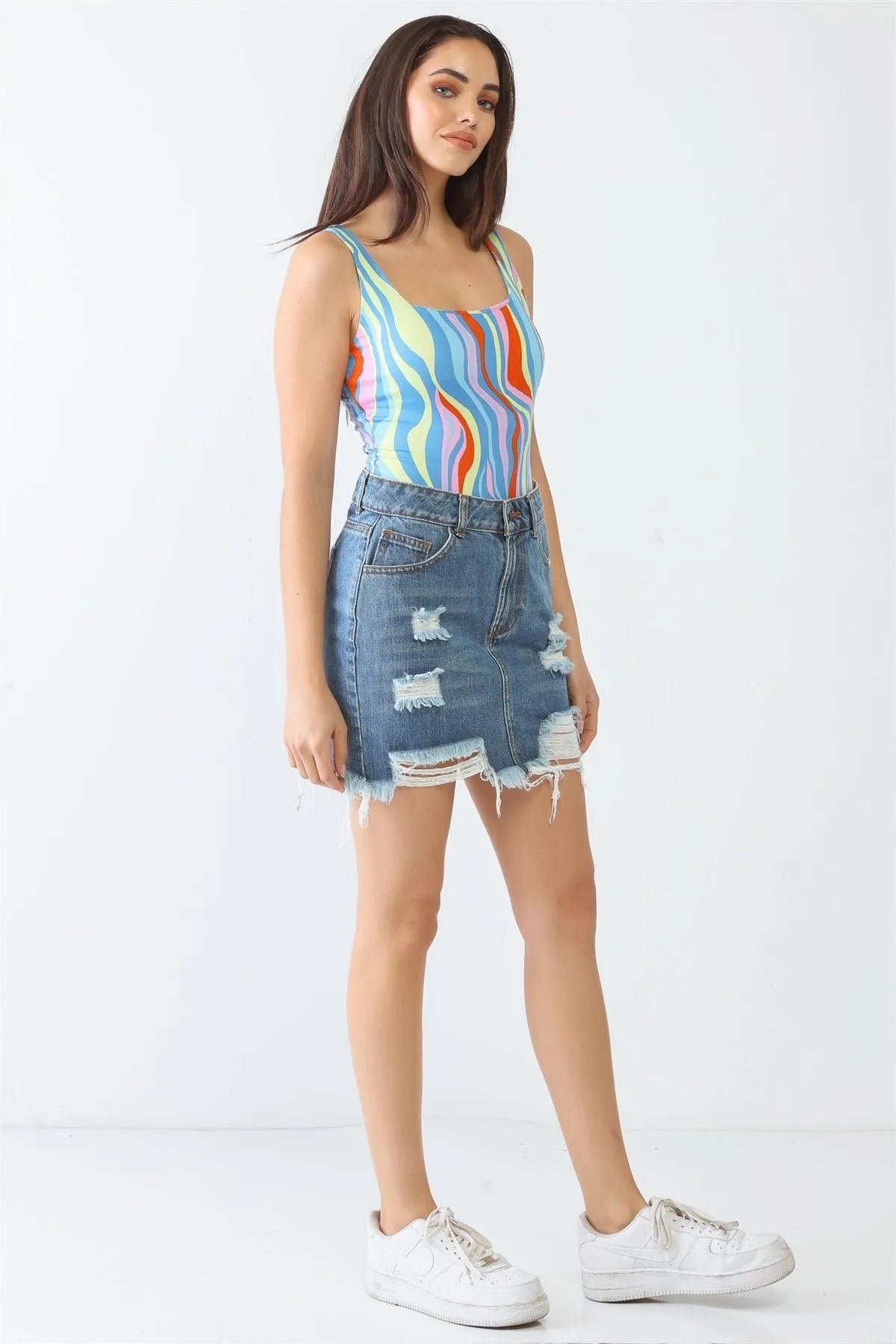 Multicolor Abstract Print Square Neck Sleeveless Bodysuit /3-2-1 - Tasha Apparel Wholesale