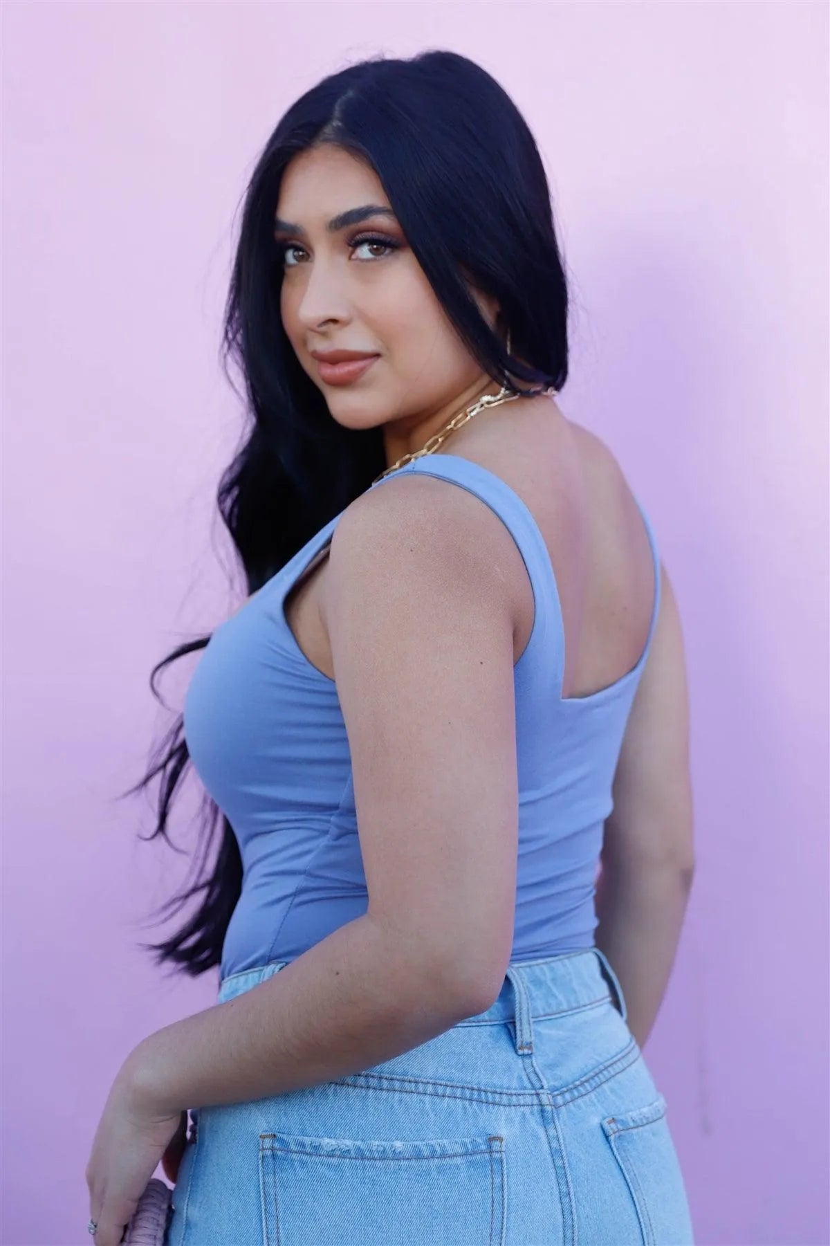 Light Blue Square Neck Sleeveless Bodysuit /1-1-2 - Tasha Apparel Wholesale