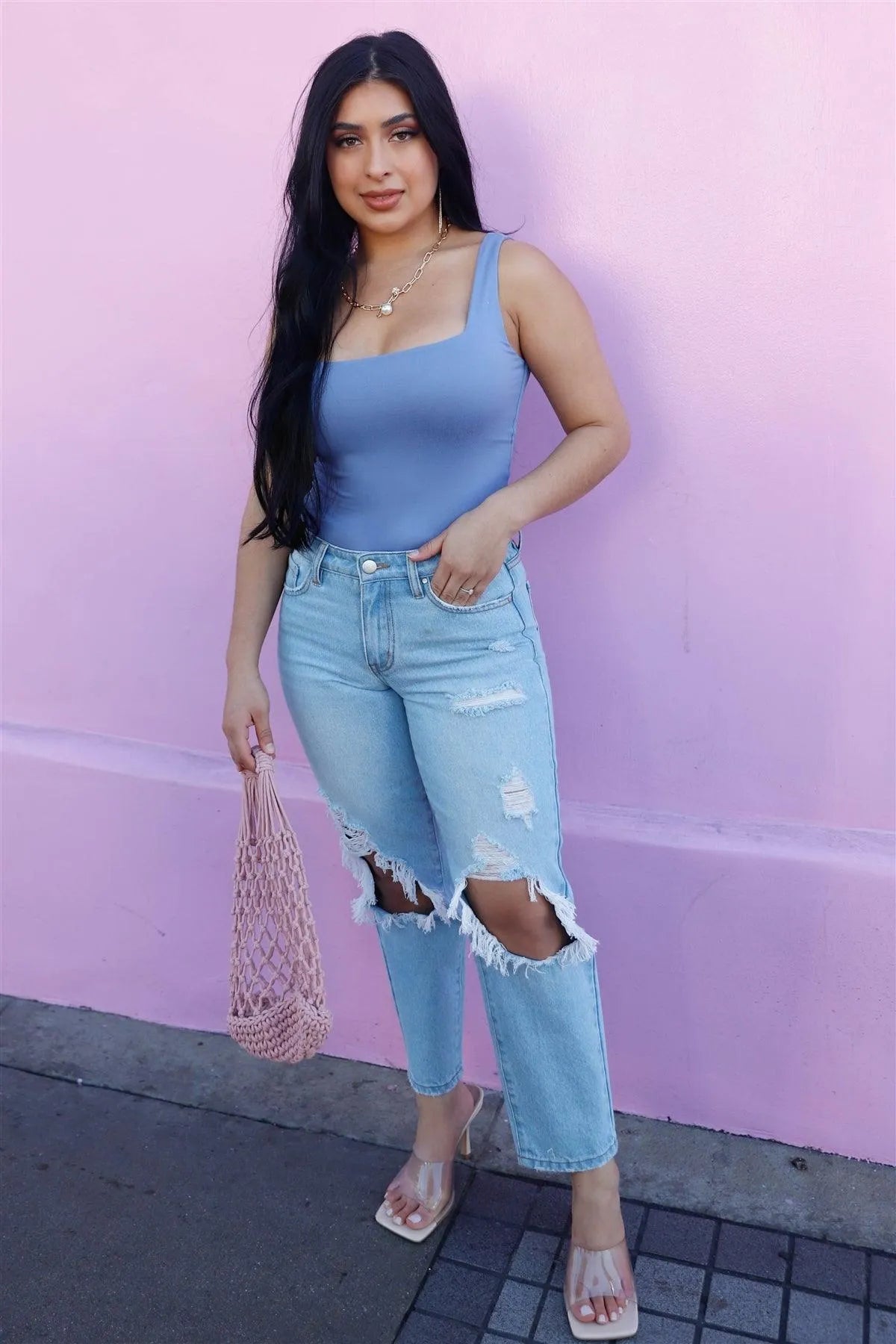 Light Blue Square Neck Sleeveless Bodysuit /3-2-1 - Tasha Apparel Wholesale