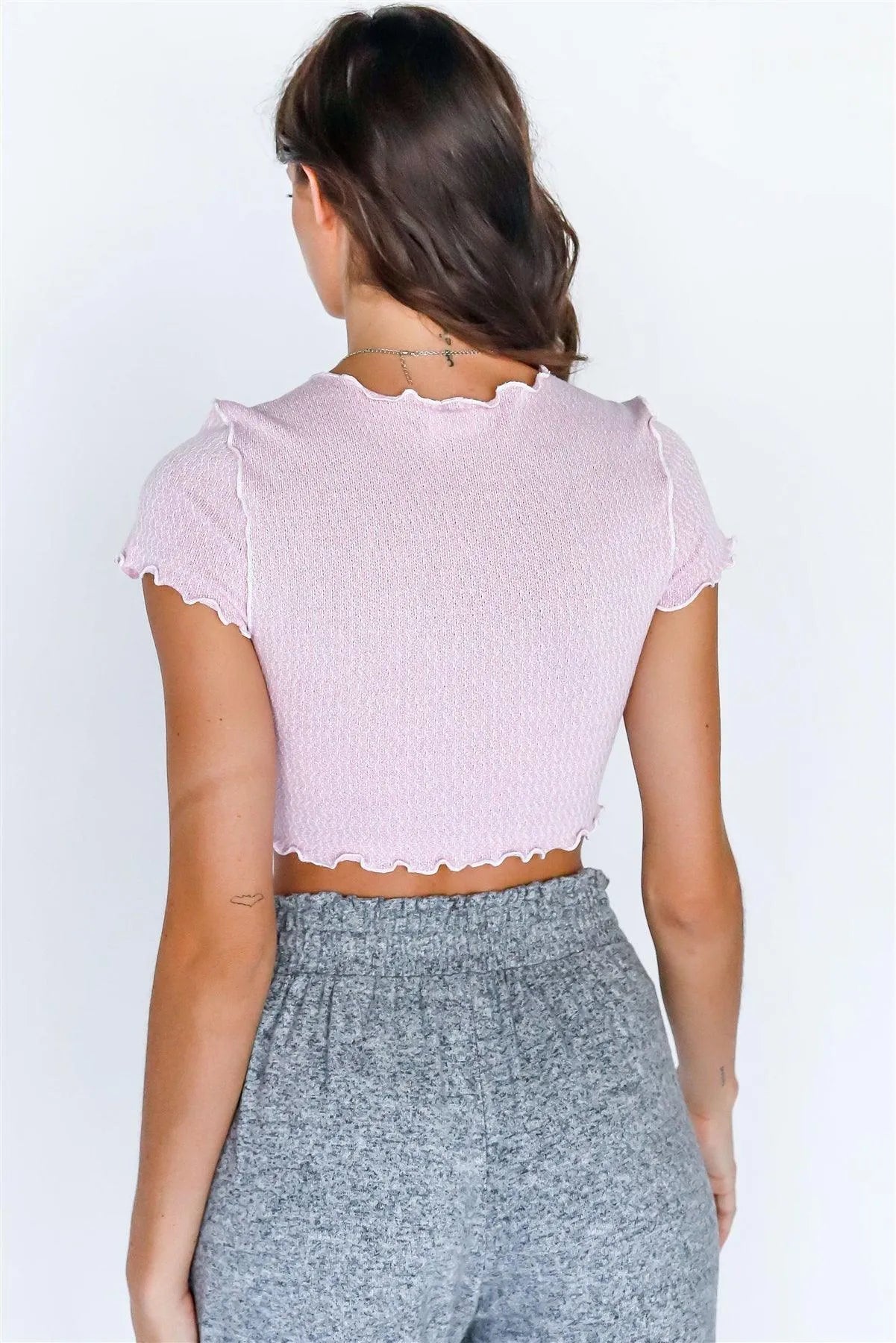 Pink & White Knit Lettuce Edge Stitch Detail Crop Top /4-2-1 - Tasha Apparel Wholesale