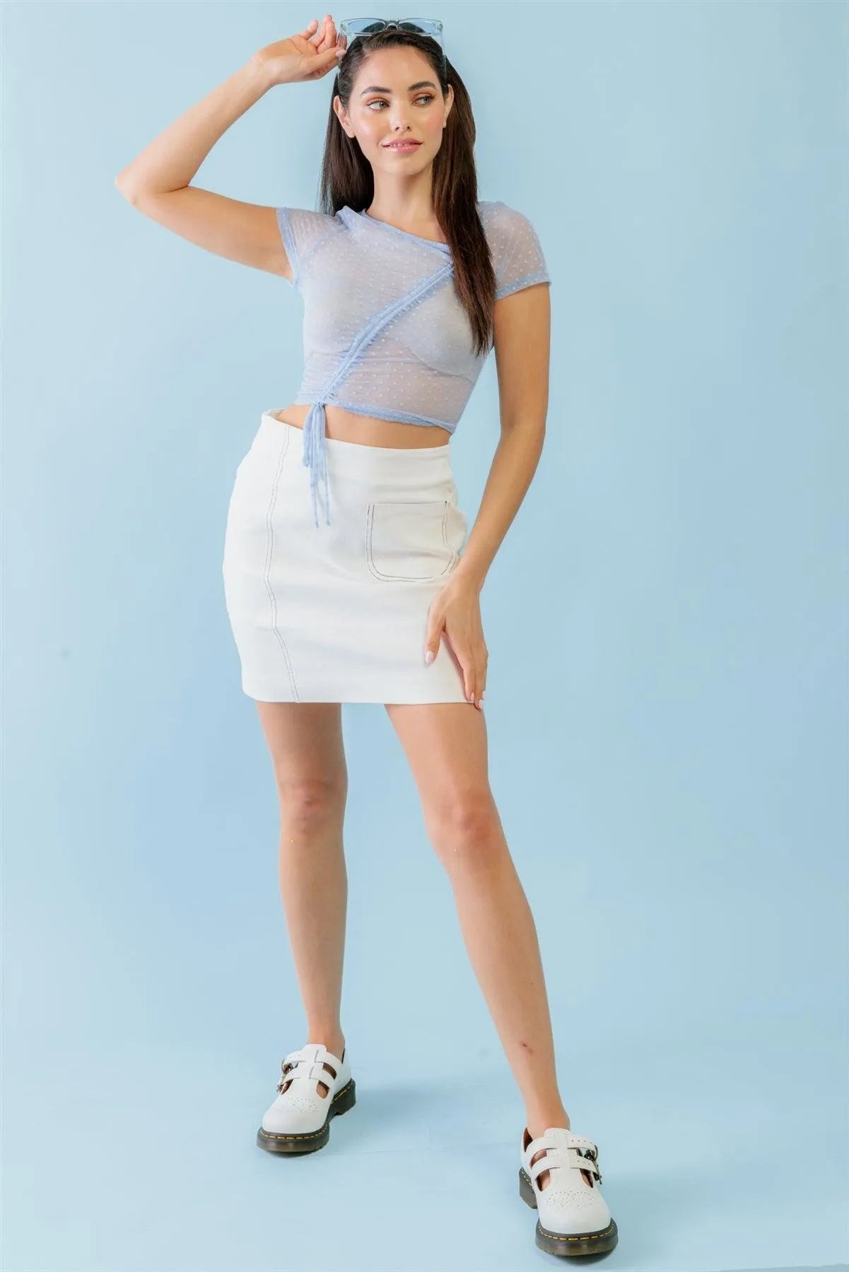 Light Blue Polka Dot Print Sheer Mesh Lace Ruched Front Detail Crop Top /3-2-1 - Tasha Apparel Wholesale