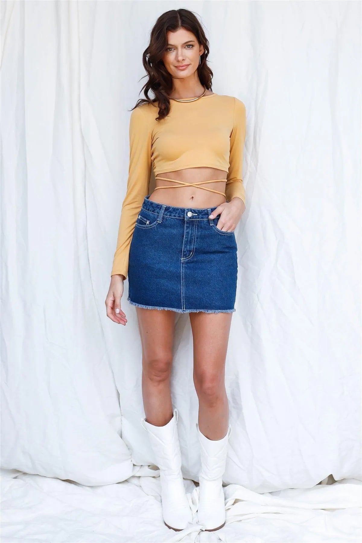 Dusty Yellow Back Criss-Cross Ruched Self-Tie Detail Crop Top - Tasha Apparel Wholesale