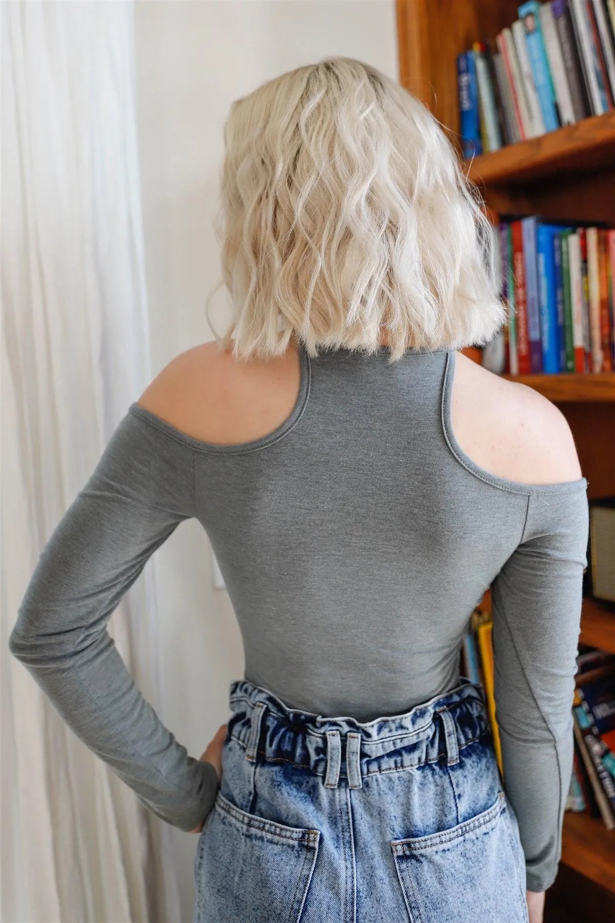 Olive Cut-Out Shoulder Details Long Sleeve Bodysuit /3-2-1 - Tasha Apparel Wholesale