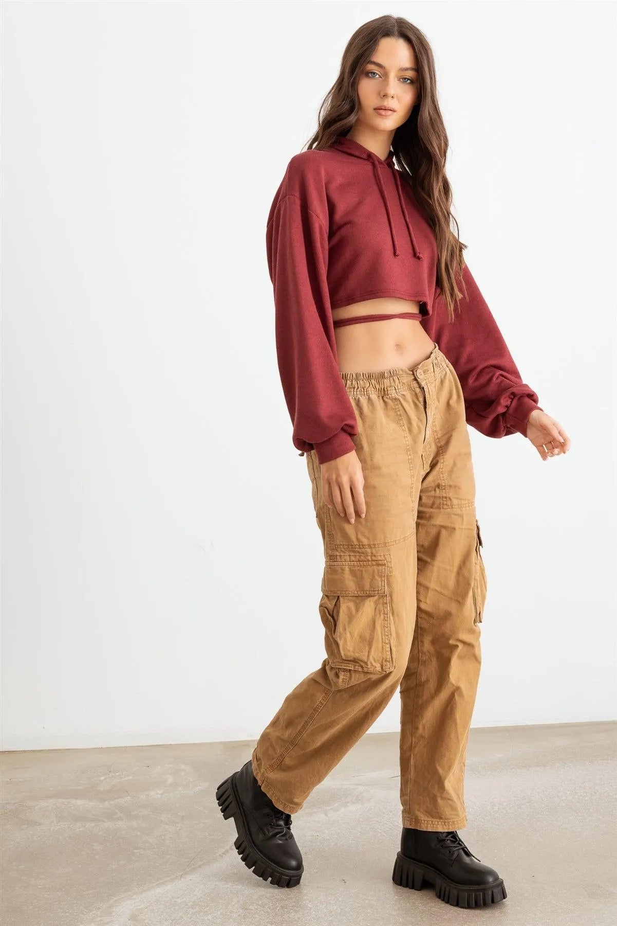 Ruby Long Sleeve Hooded Drawstring Hem Crop Top /3-2-1 - Tasha Apparel Wholesale
