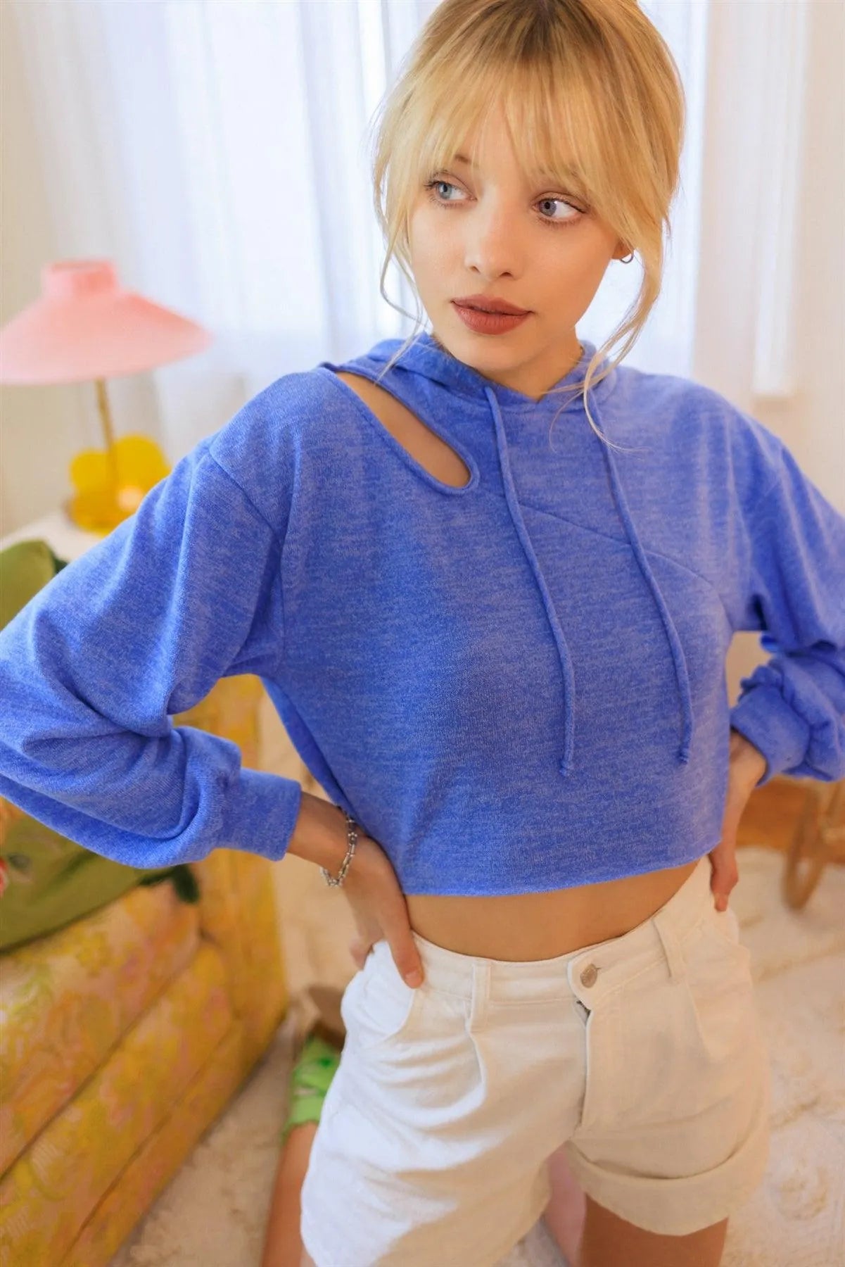 Blue Cut-Out Hooded Long Sleeve Sweater /2-2-1 - Tasha Apparel Wholesale