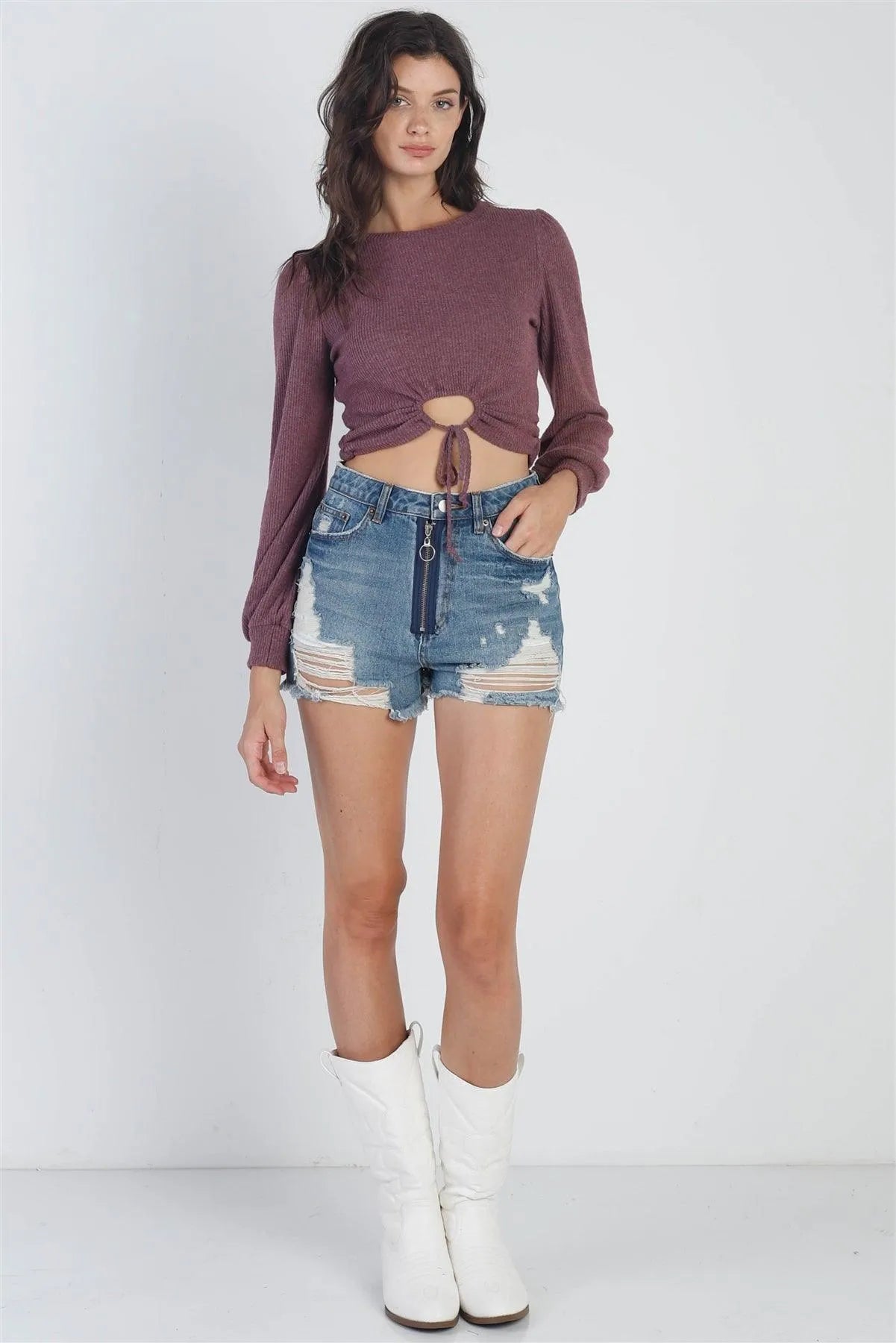Eggplant Ribbed Flannel Self-Tie Detail Crop Top /4-2-1 - Tasha Apparel Wholesale