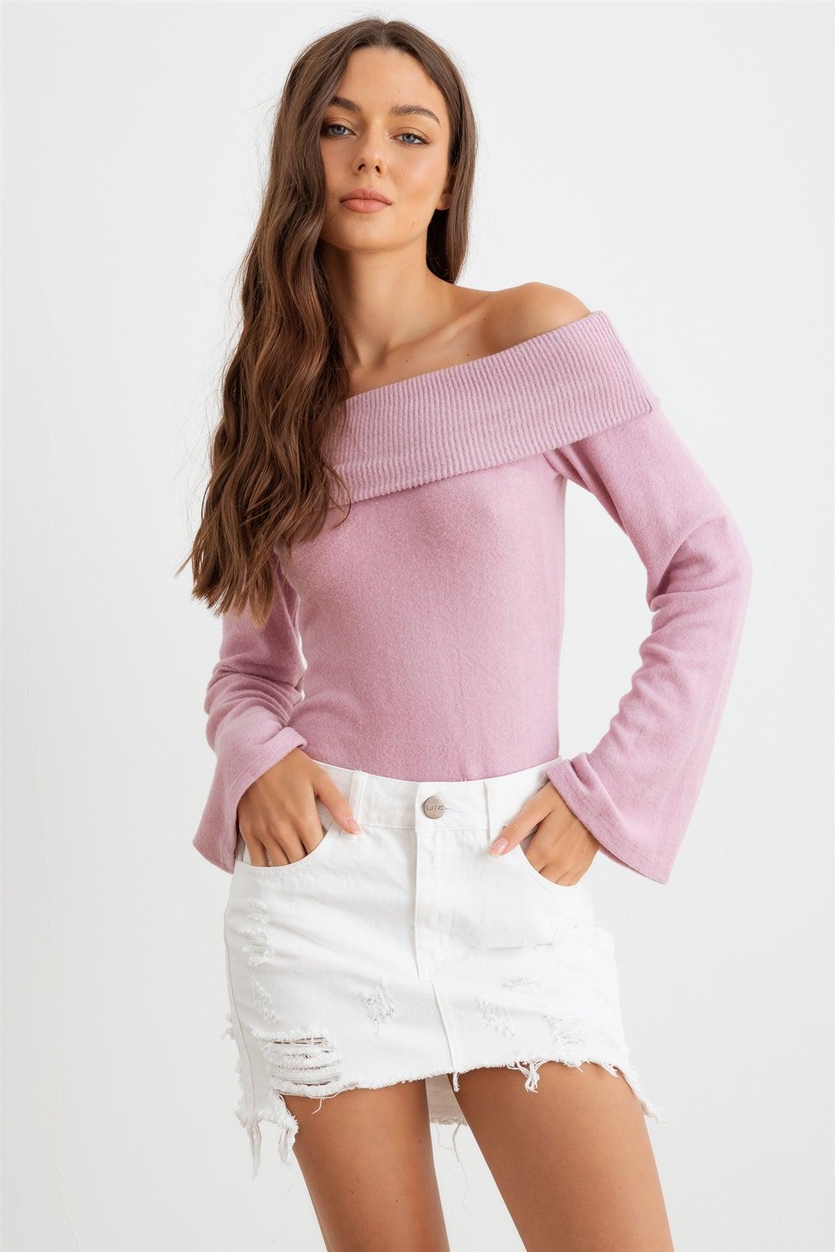 Lilac Collar Neck Off-The-Shoulder Bell Long Sleeve Top /3-2-1