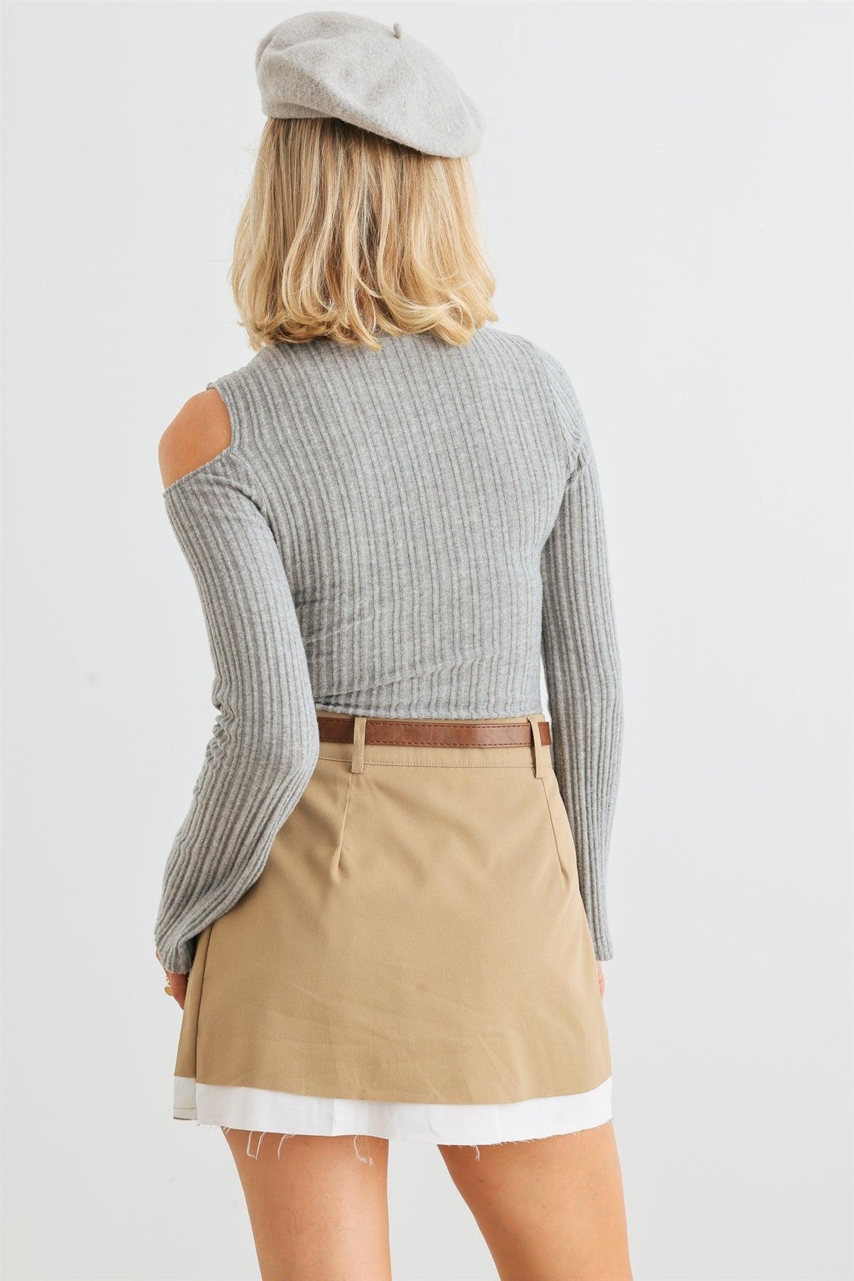 Heather Grey Flannel Ribbed Bell Sleeve Cold Shoulder Bodysuit /3-2-1
