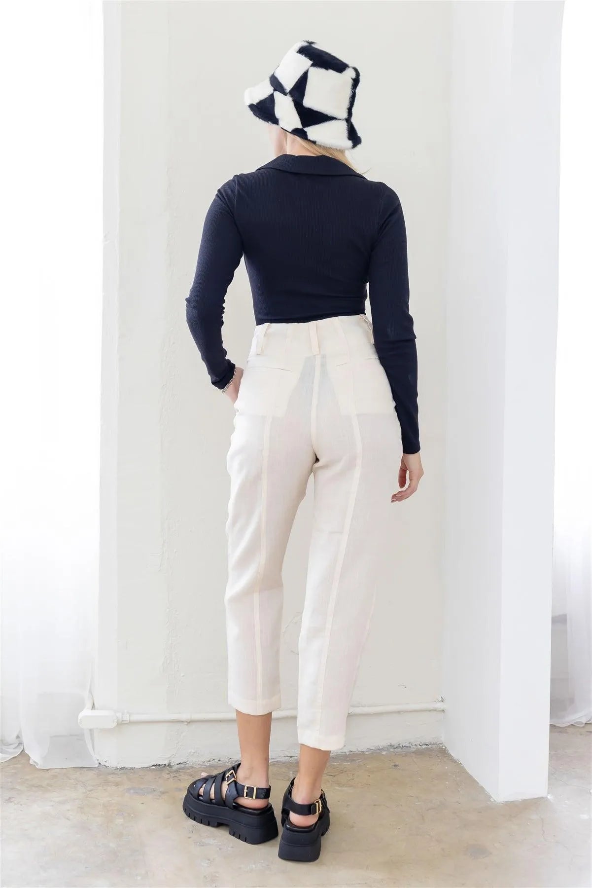 Black Waffle Knit Cut-Out Button-Up Collared V-Neck Long Sleeve Bodysuit /3-3-1 - Tasha Apparel Wholesale