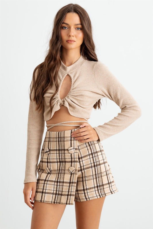 Oatmeal Ribbed Long Sleeve Cut-Out Back Self-Tie Around Drawstring Hem Crop Top /3-2-1