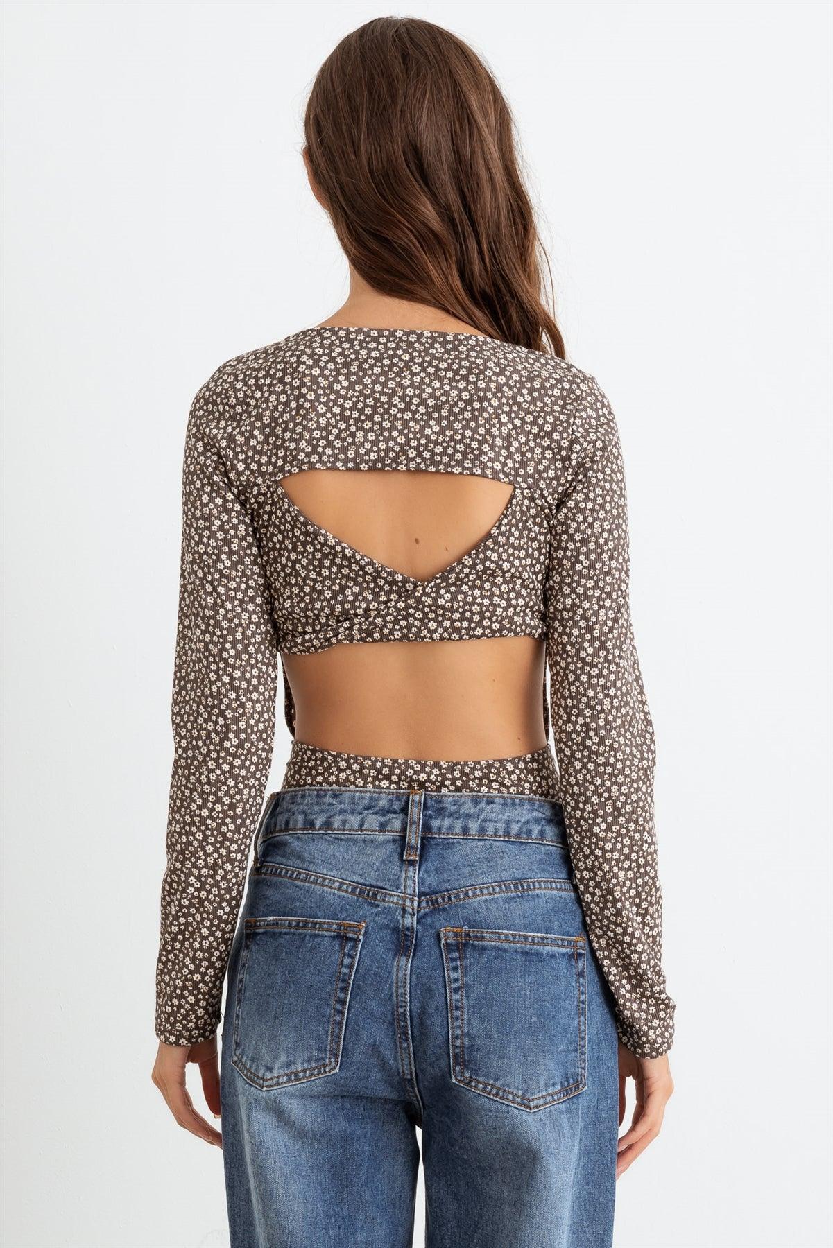 Mocha & White Floral Ribbed Long Sleeve Cut-Out Back Bodysuit /3-2