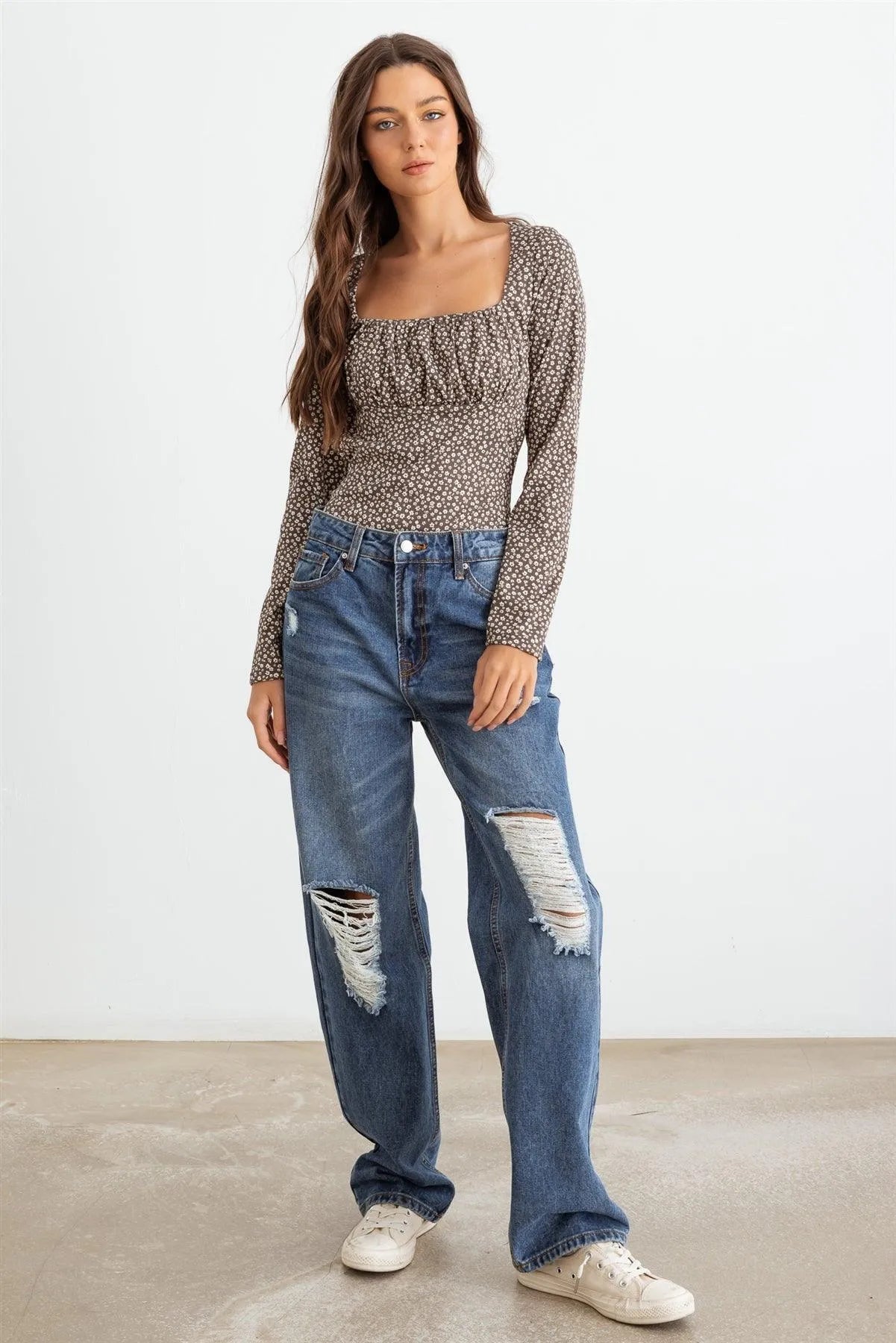 Mocha & White Floral Ribbed Long Sleeve Cut-Out Back Bodysuit /3-2 - Tasha Apparel Wholesale