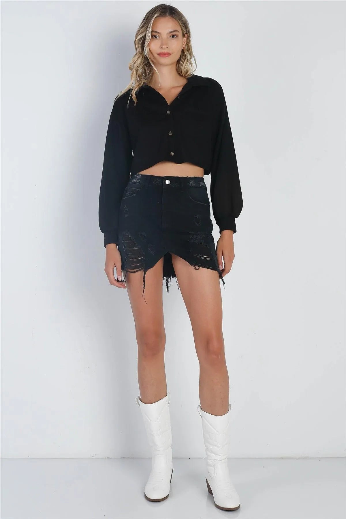 Black Button Up Collared Long Sleeve Crop Top /3-2-1 - Tasha Apparel Wholesale