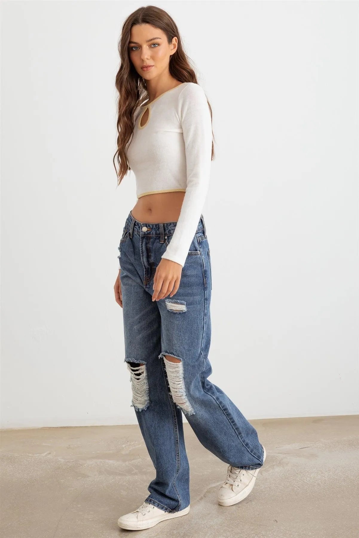 Ivory & Yellow Cut-Put Long Sleeve Crop Top /3-2-1 - Tasha Apparel Wholesale