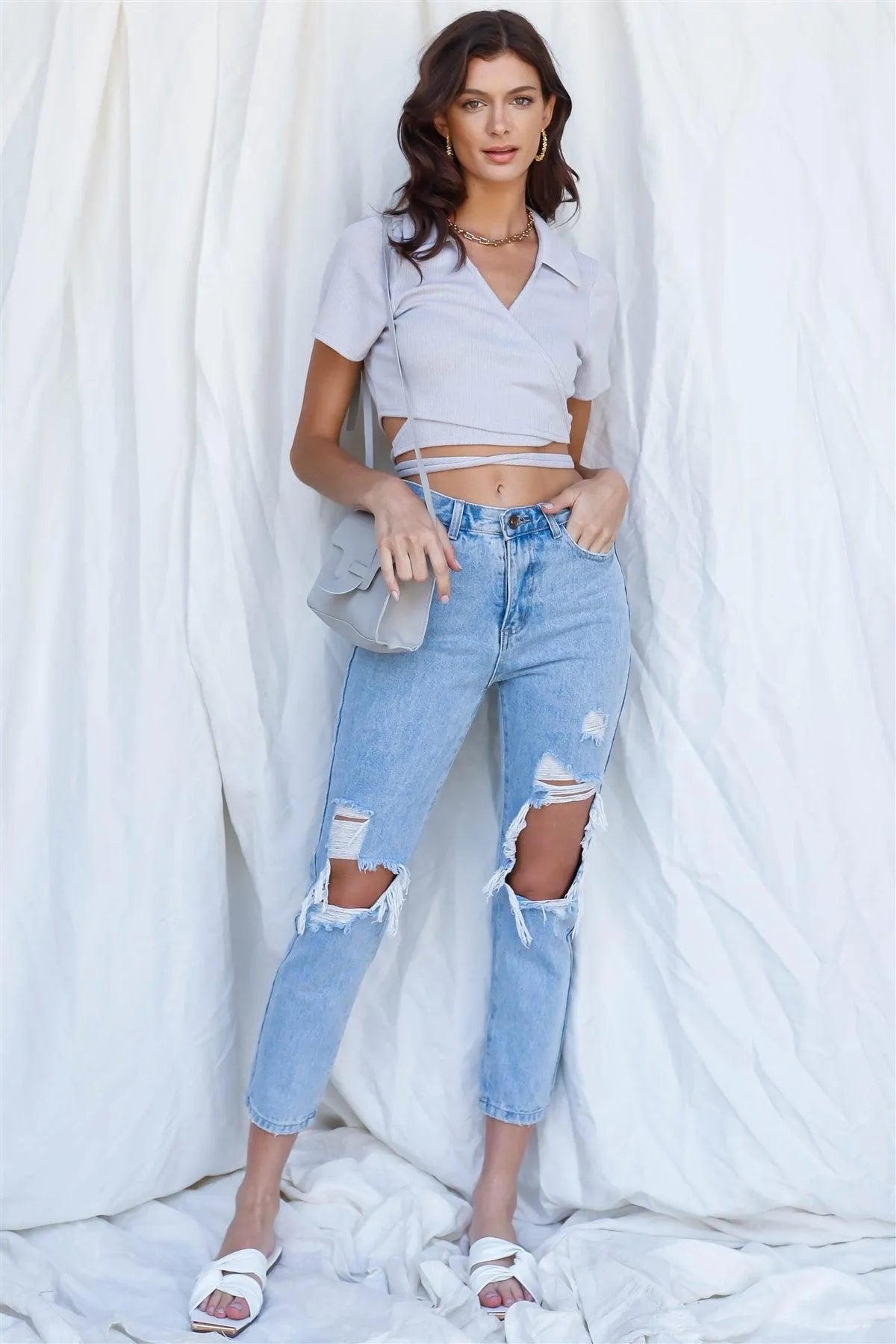 Light Grey Ribbed Wrap Short Sleeve Collared Crop Top /3-2-1 - Tasha Apparel Wholesale