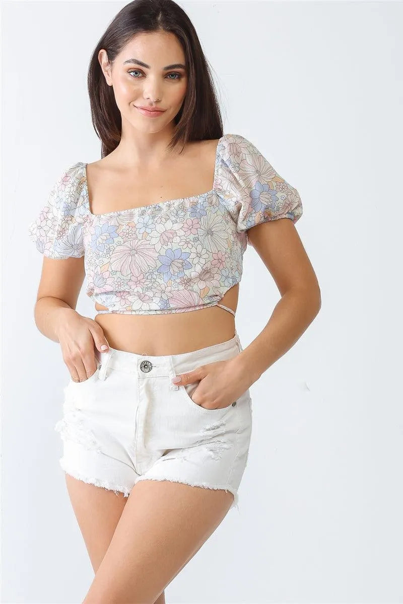 Blue & Pink Floral Print Textured Open Self-Tie Back Crop Top /1-2-1 - Tasha Apparel Wholesale