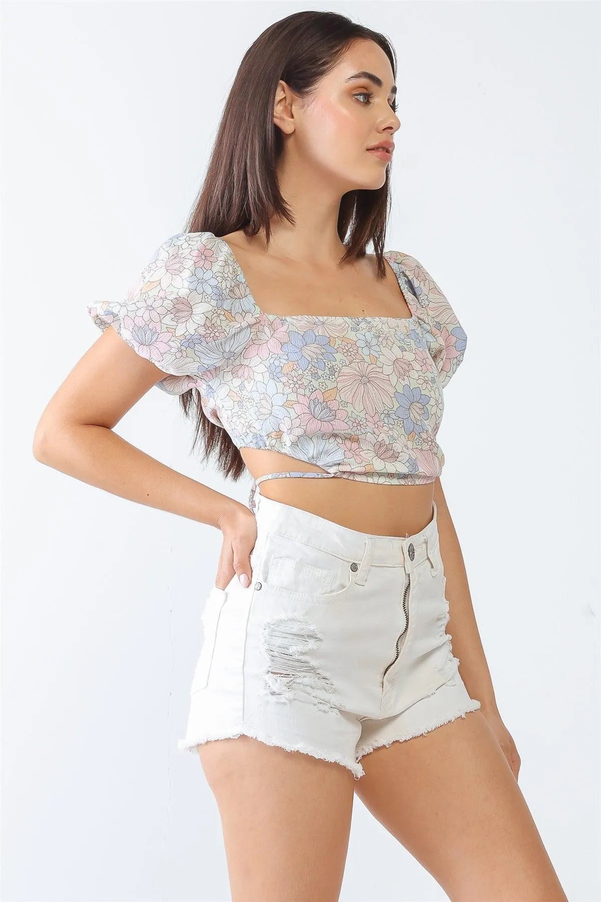 Blue & Pink Floral Print Textured Open Self-Tie Back Crop Top /3-2-1 - Tasha Apparel Wholesale