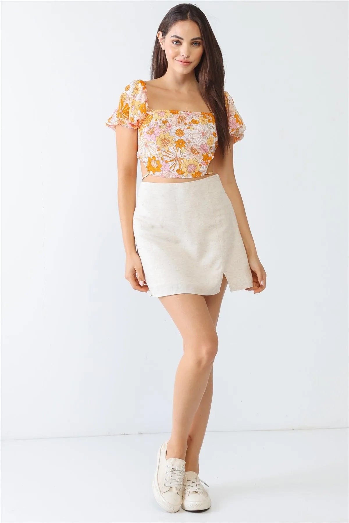 White & Orange Floral Print Textured Open Self-Tie Back Crop Top /3-2-1 - Tasha Apparel Wholesale