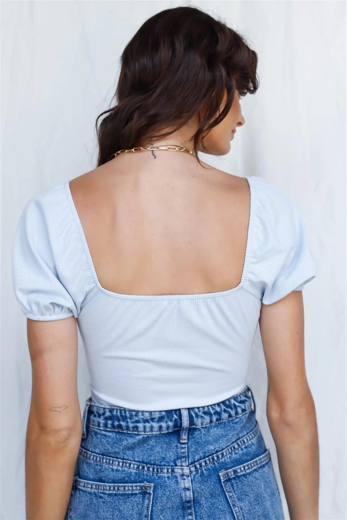 Light Blue Ribbed Twist Detail Short Sleeve Bodysuit /3-2-1 - Tasha Apparel Wholesale