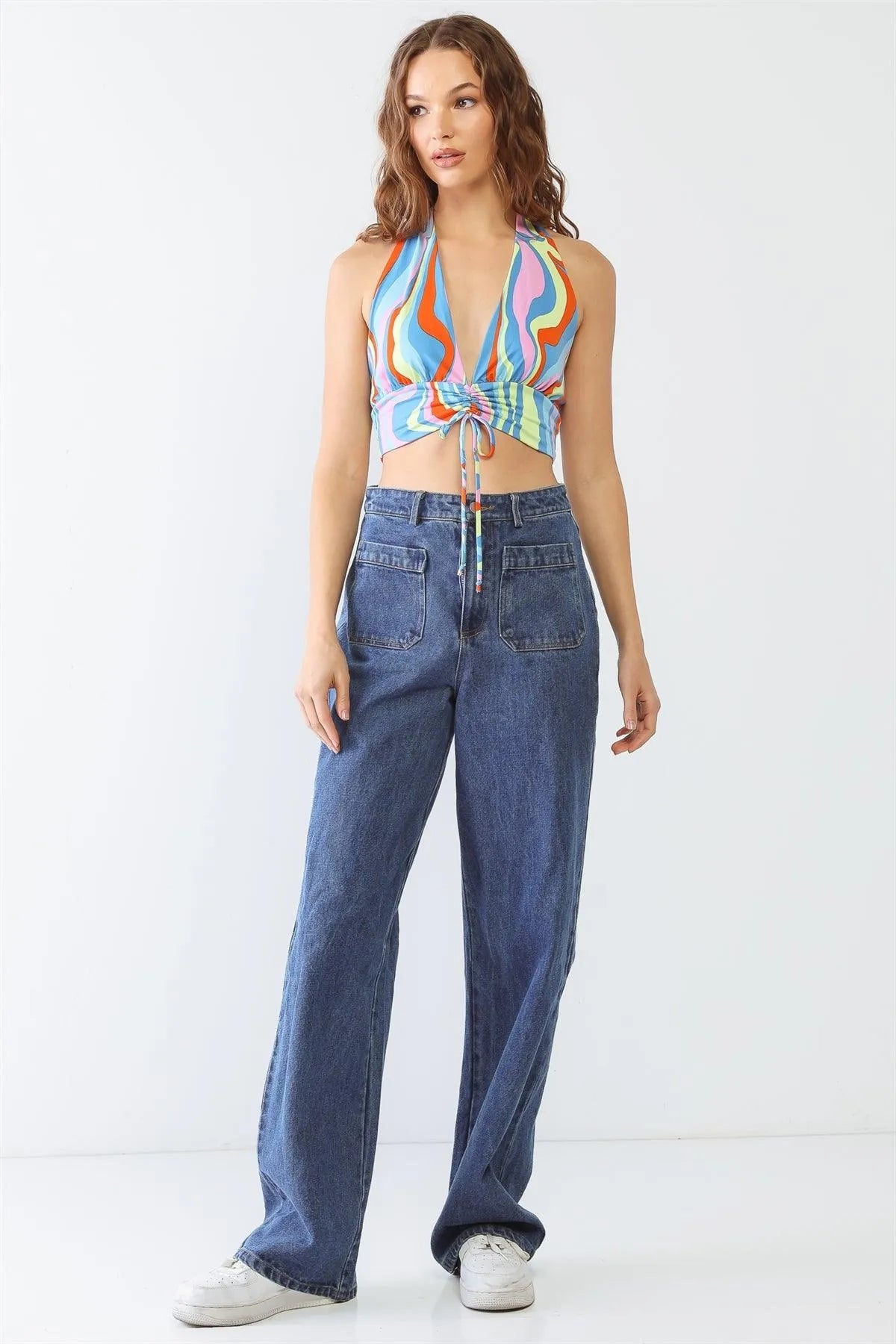 Multicolor Abstract Print Halter V-Neck Ruched Open Back Crop Top /3-2-1 - Tasha Apparel Wholesale