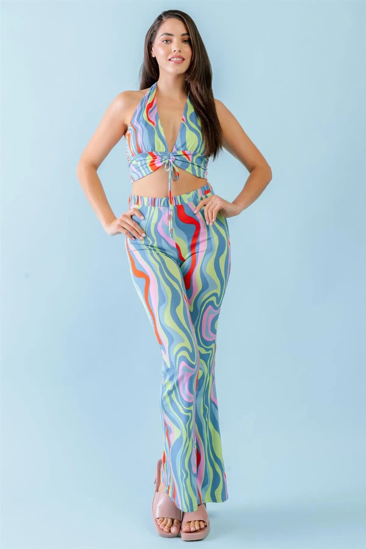 Multicolor Abstract Print Halter V-Neck Ruched Open Back Crop Top & High Waist Pants Set /3-2-1 - Tasha Apparel Wholesale