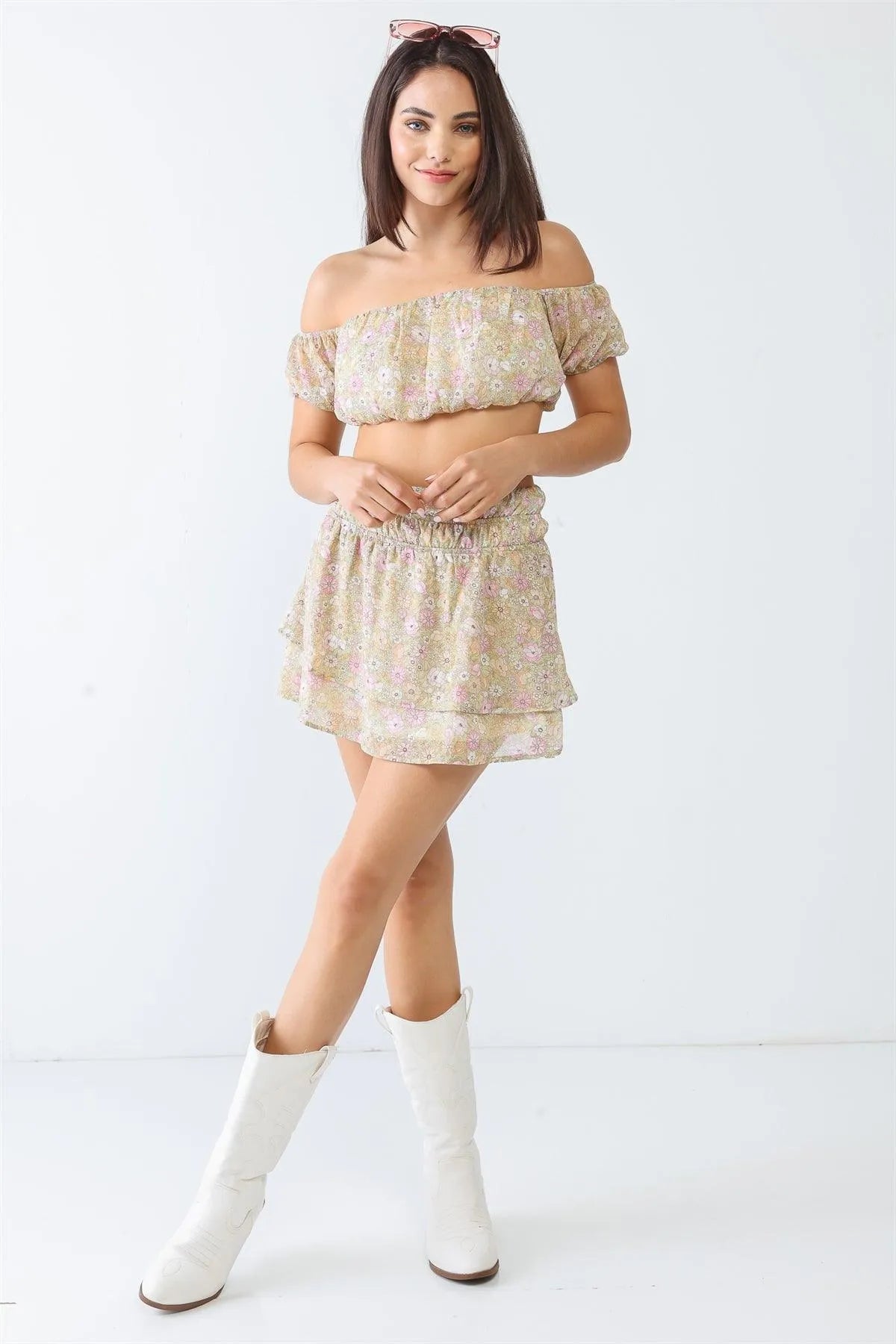 Lime Floral Off-The-Shoulder Crop Top & Flare Mini Skirt Set - Tasha Apparel Wholesale