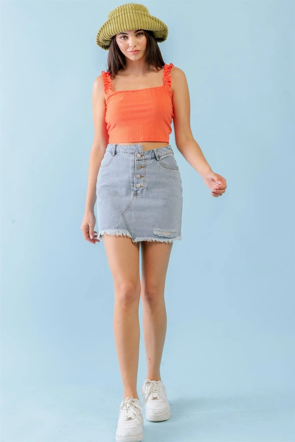 Orange Ribbed Sleeveless Ruffle Strap Crop Top /3-2-1 - Tasha Apparel Wholesale