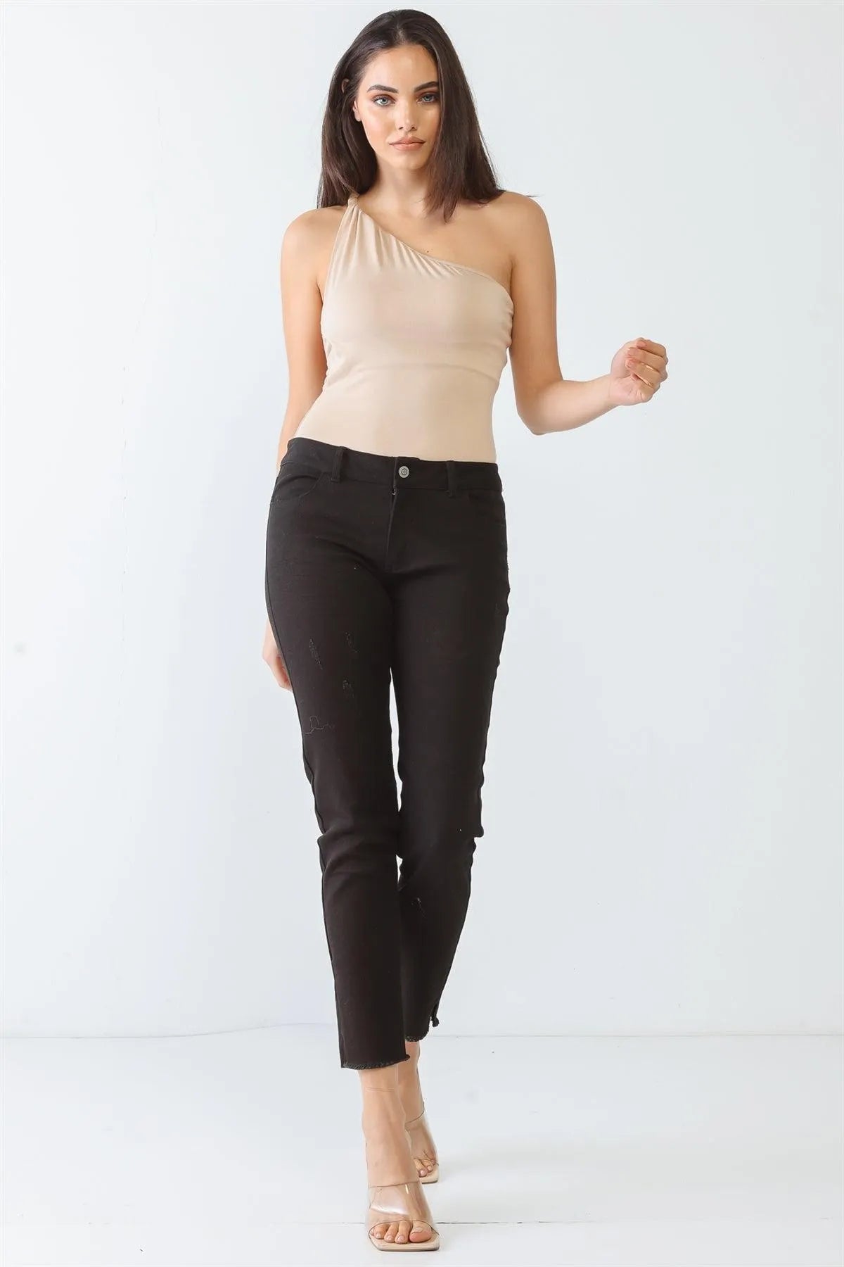 Taupe One Shoulder Sleeveless Soft-To-Touch Bodysuit /3-2-1 - Tasha Apparel Wholesale
