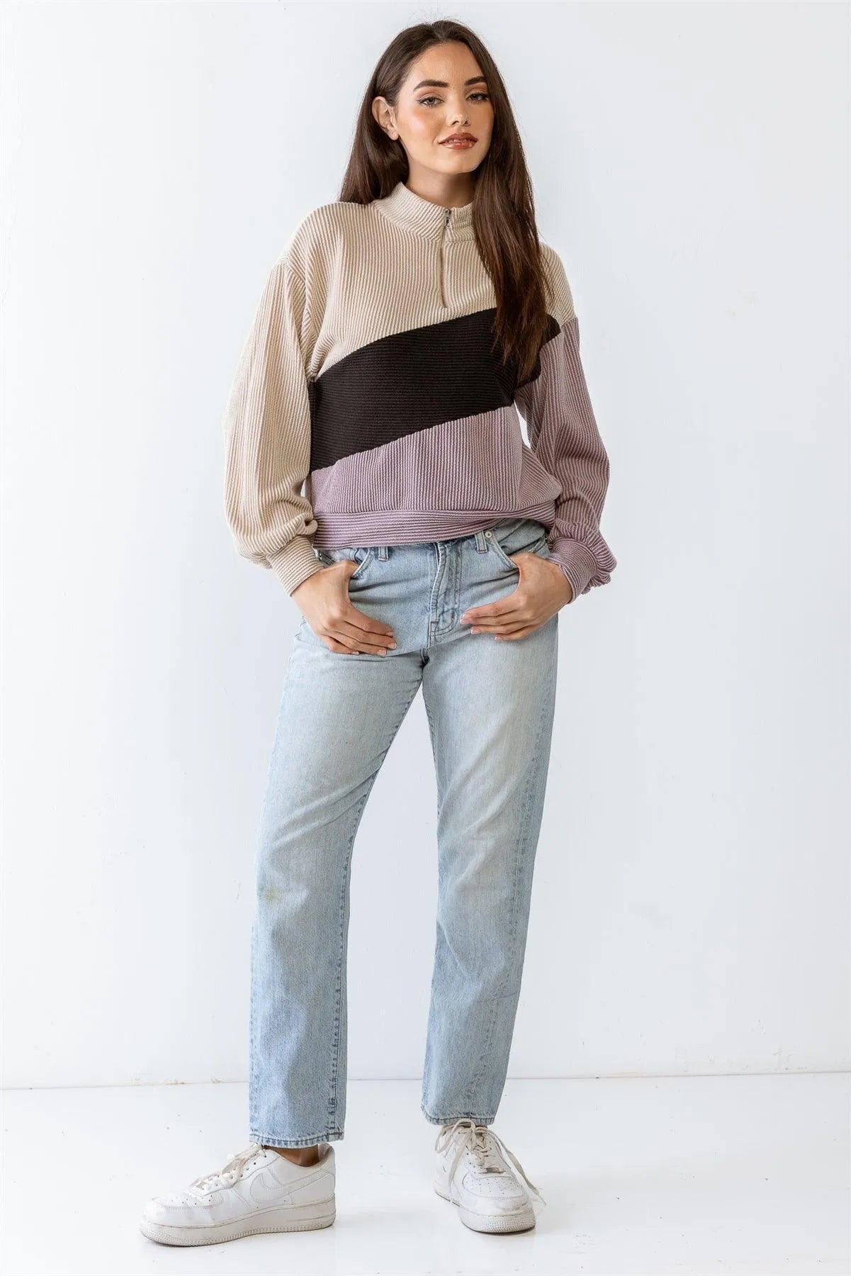 Taupe & Lavender & Black Colorblock Ribbed Zip-Up Mock Neck Top /1-2-2-1 - Tasha Apparel Wholesale