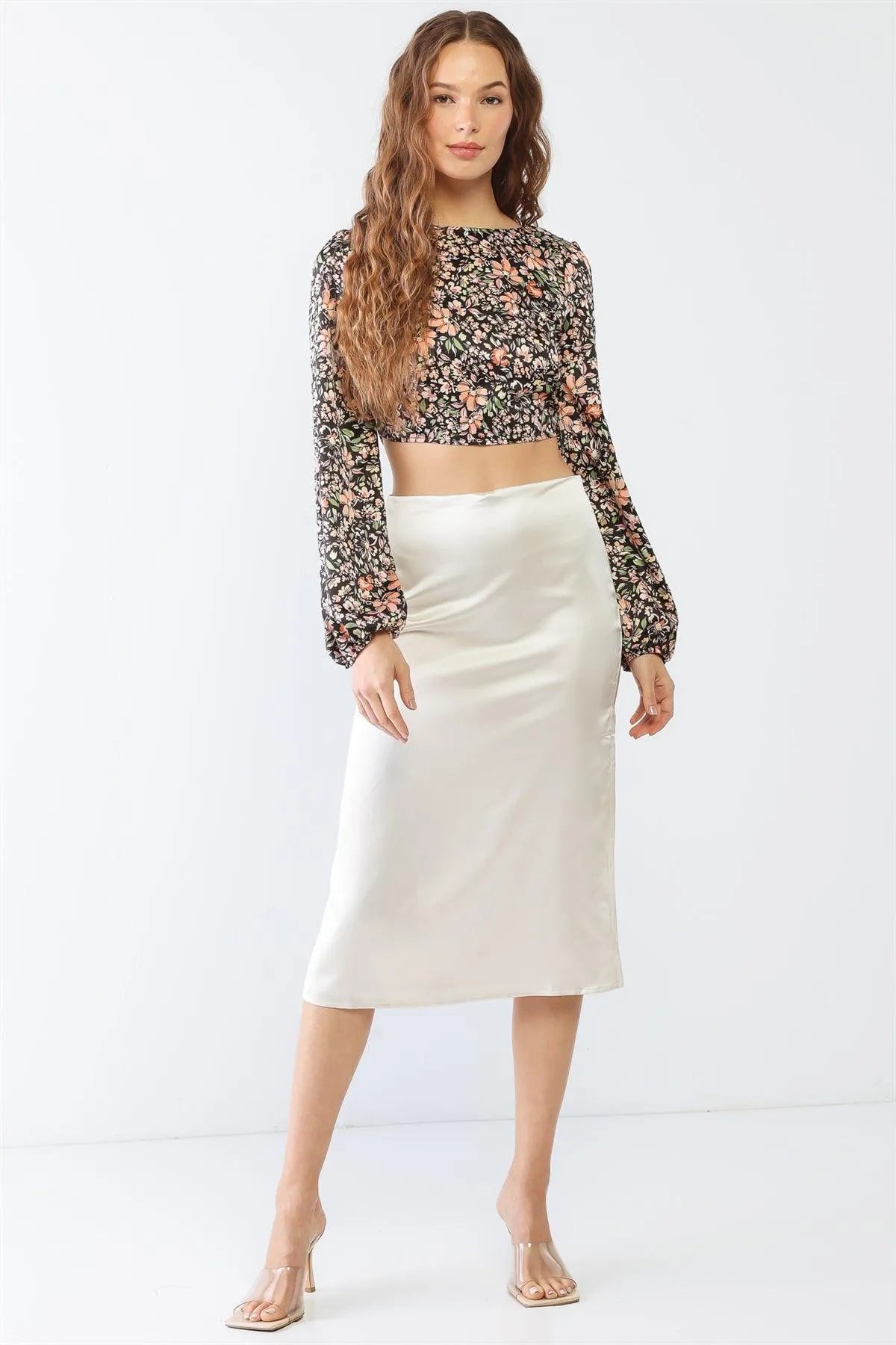 Black & Peach Floral Print Long Sleeve Criss-Cross Open Back Crop Top /1-2-2 - Tasha Apparel Wholesale