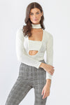 Cream Knit Ribbed Cut-Out U-Shape With Detail Neck Bodysuit /1-2-2-1