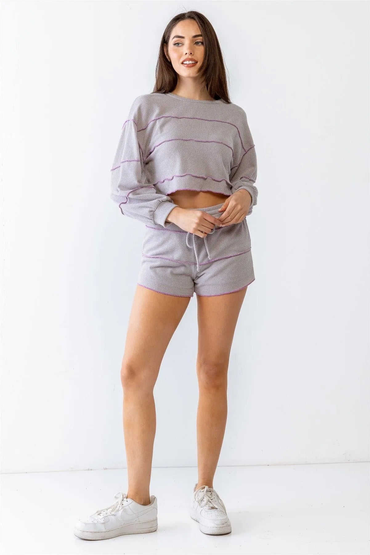 Lavender Knit Inside-Out Detail Crop Top & High Waist Shorts Set /1-2-2-1 - Tasha Apparel Wholesale