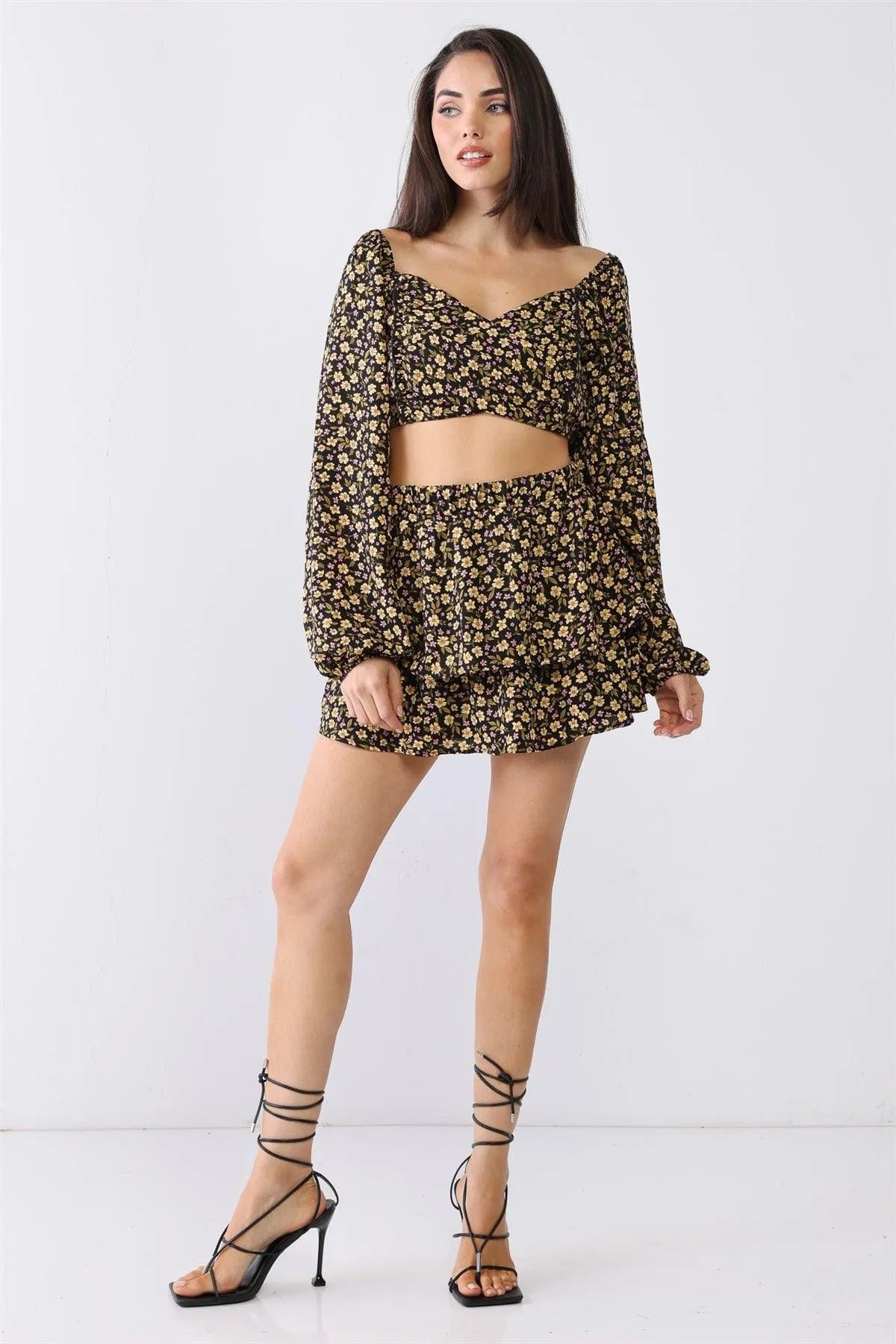 Floral Puff Balloon Sleeve & High Waist Skirt Set /1-2-2 - Tasha Apparel Wholesale