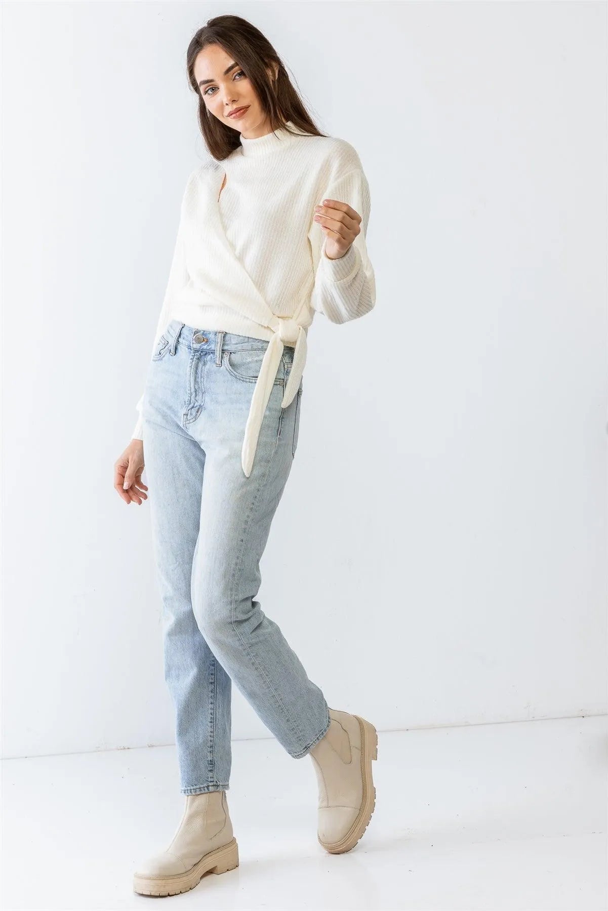 Cream Ribbed Knit Mock Neck Wrap Cut-Out Detail Self-Tie Hem Long Sleeve Top /1-2-2-1 - Tasha Apparel Wholesale
