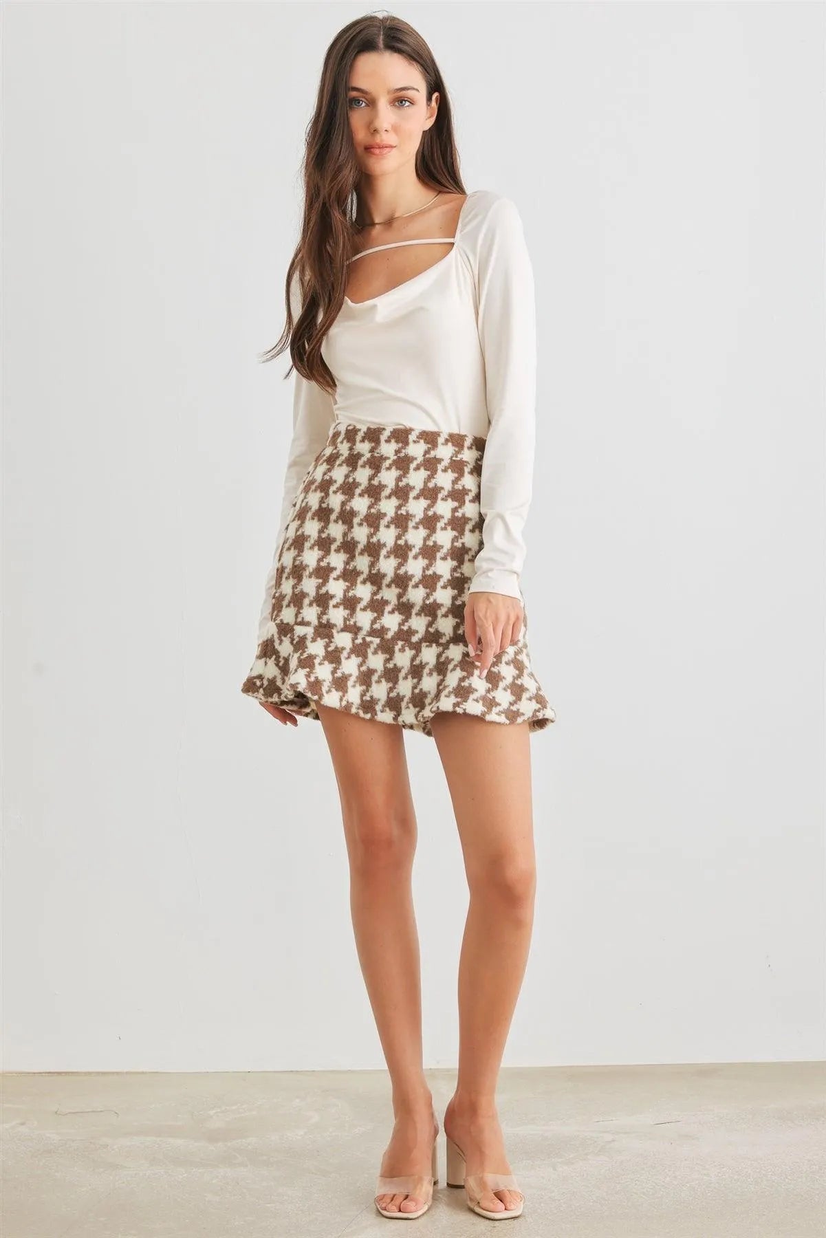 Bone Cowl Neck Strip Detail Long Sleeve Bodysuit /1-2-2-1 - Tasha Apparel Wholesale