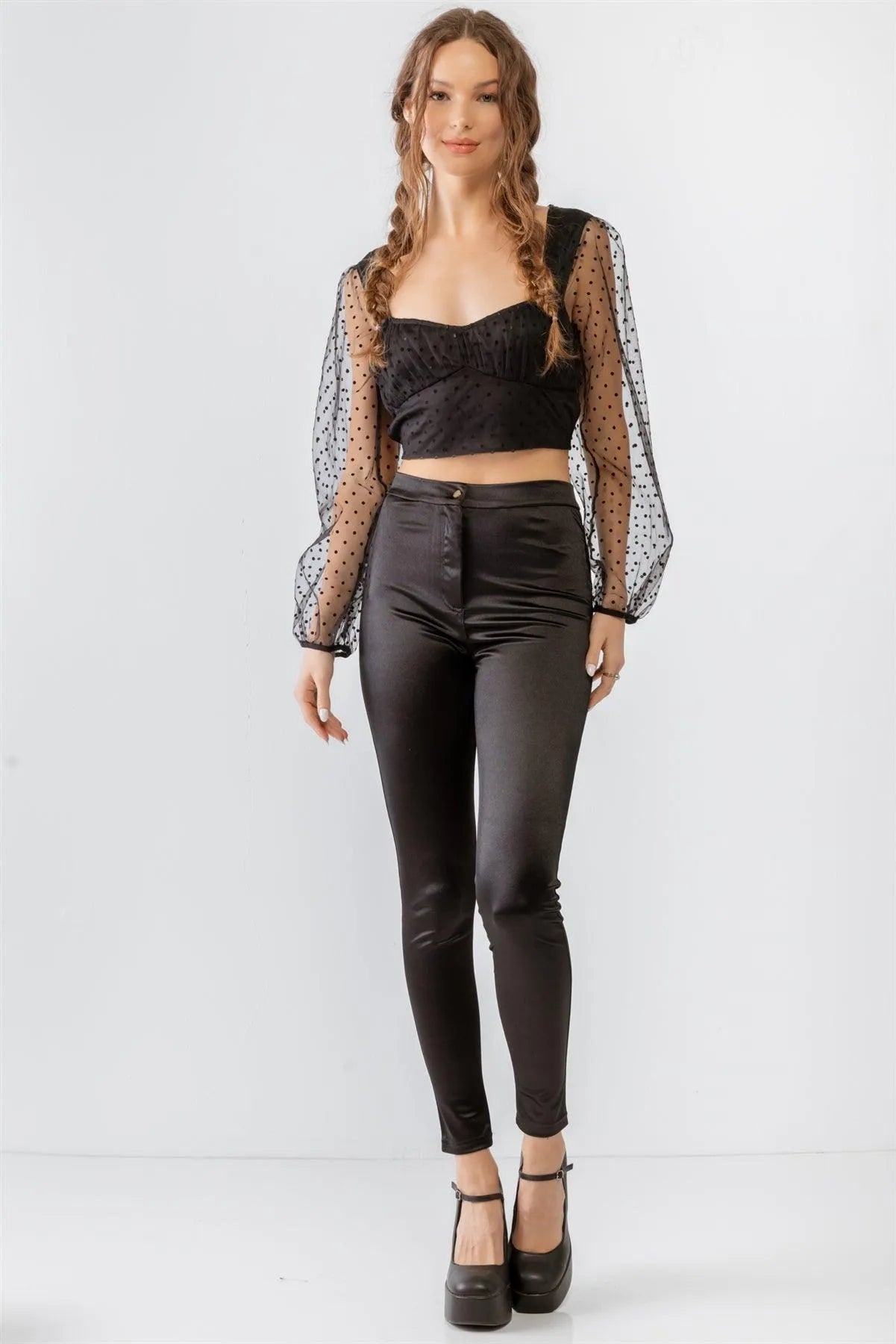 Organza Mesh Polka Dot Sweetheart Neck Puff Sheer Sleeve Crop Top - Tasha Apparel Wholesale